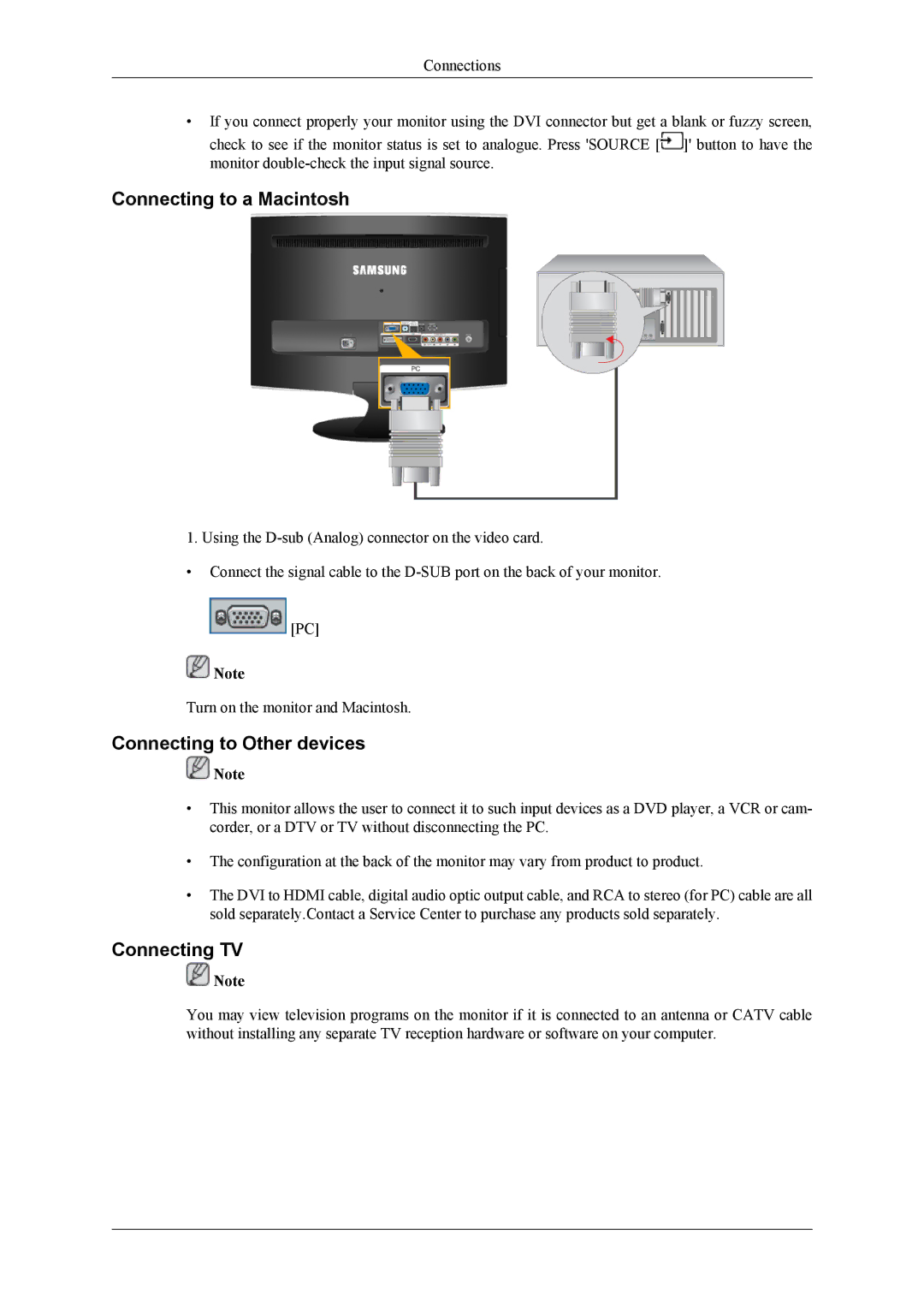 Samsung T200HD, T220HD quick start Connecting to a Macintosh, Connecting to Other devices, Connecting TV 