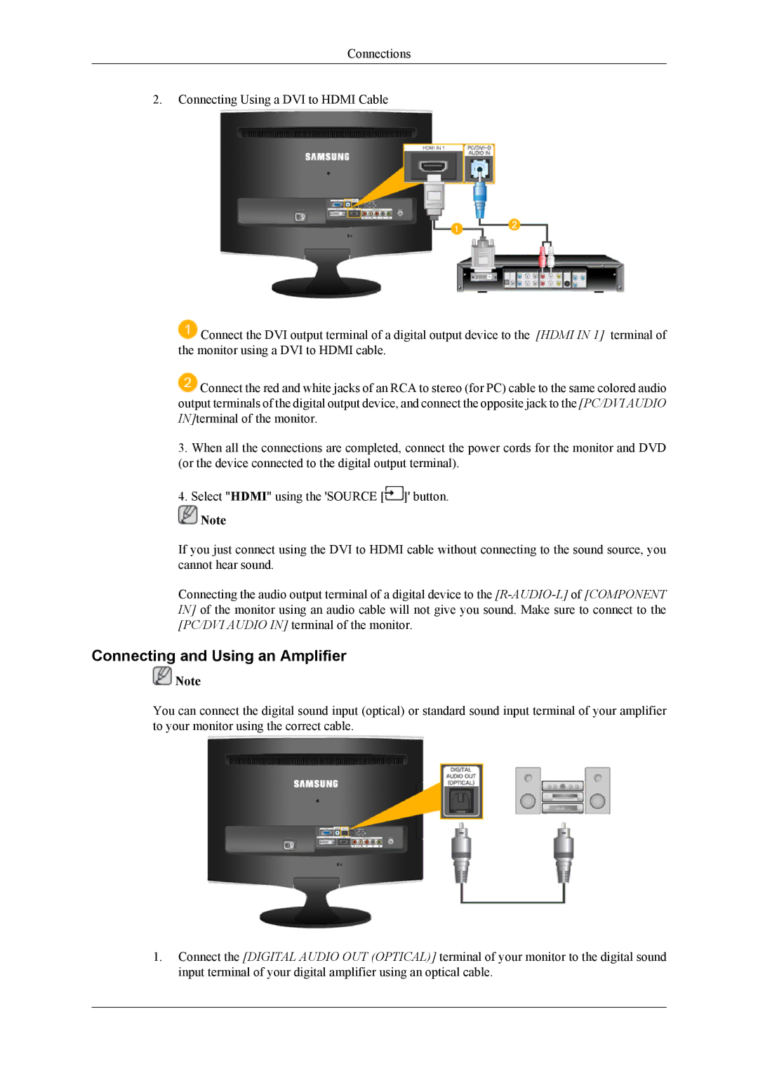 Samsung T220HD, T200HD quick start Connecting and Using an Amplifier 