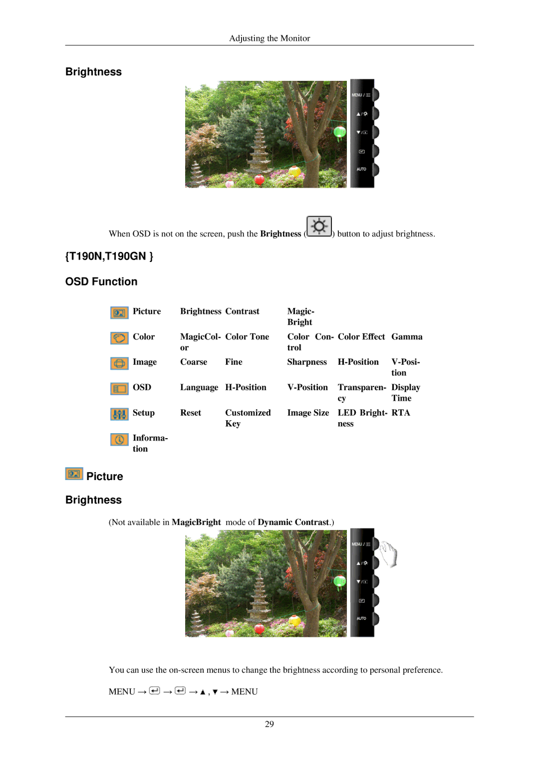 Samsung T200N, T220GN, T200GN, T220N user manual T190N,T190GN OSD Function, Picture Brightness 