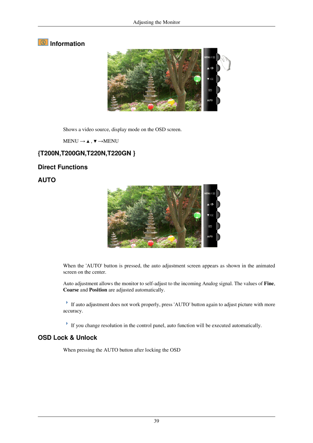 Samsung T190N, T190GN user manual Information, T200N,T200GN,T220N,T220GN Direct Functions 