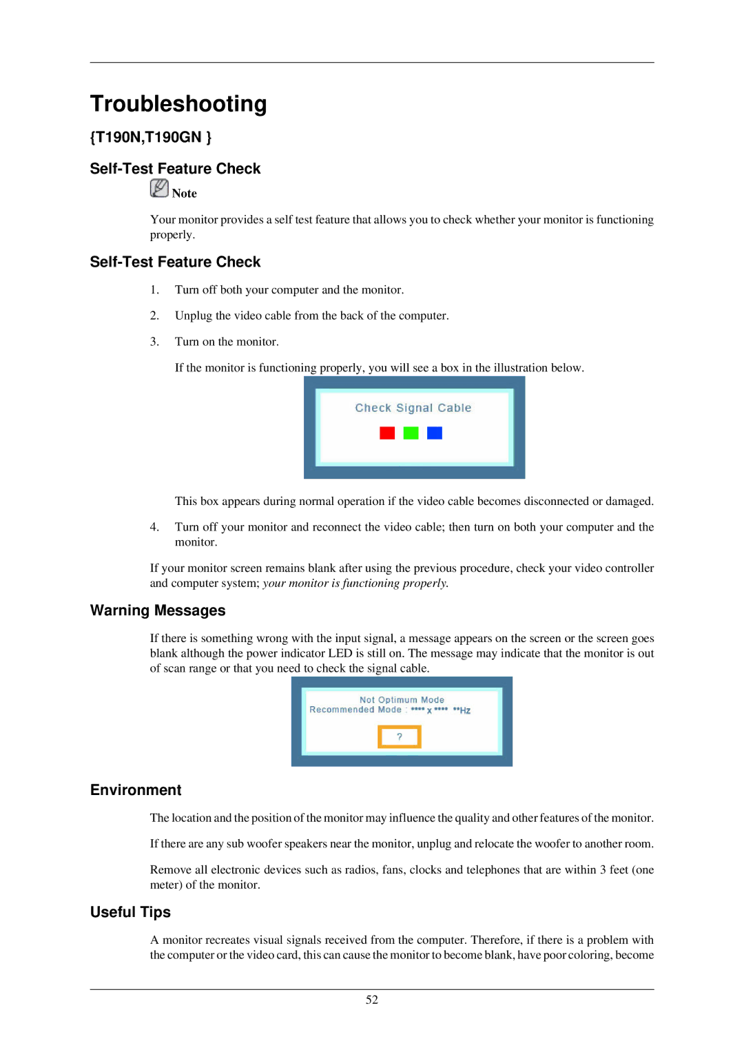 Samsung T200N, T220GN, T200GN, T220N Troubleshooting, T190N,T190GN Self-Test Feature Check, Environment, Useful Tips 