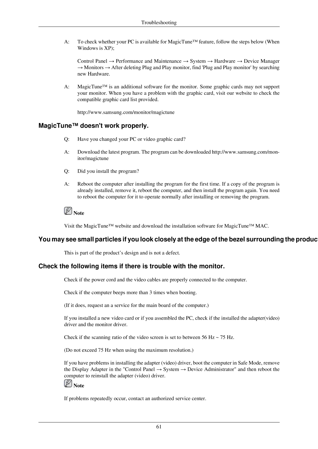 Samsung T200GN, T200N, T220GN, T220N, T190N, T190GN user manual MagicTune doesnt work properly 