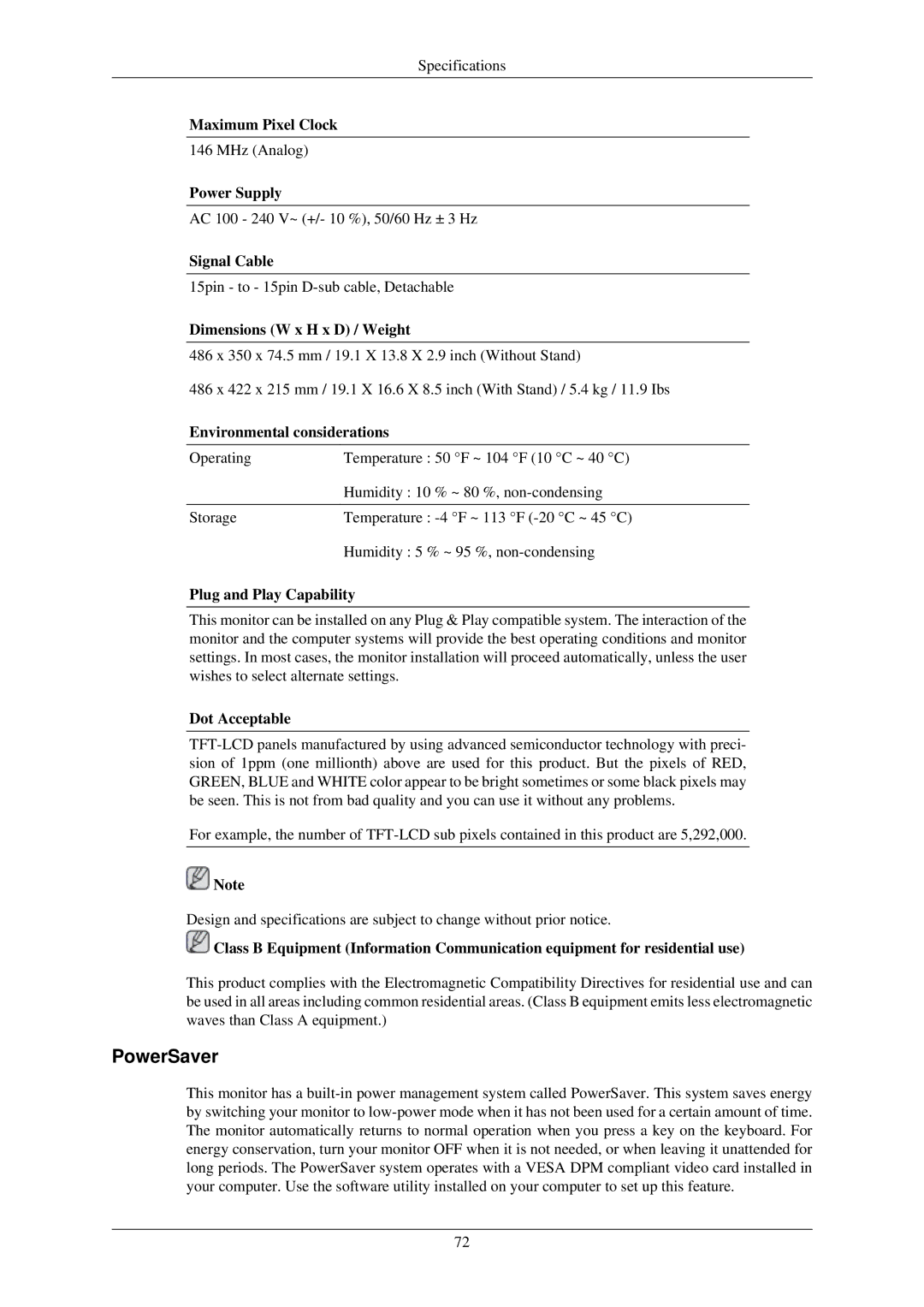 Samsung T220GN, T200N, T200GN, T220N, T190N, T190GN user manual Maximum Pixel Clock 