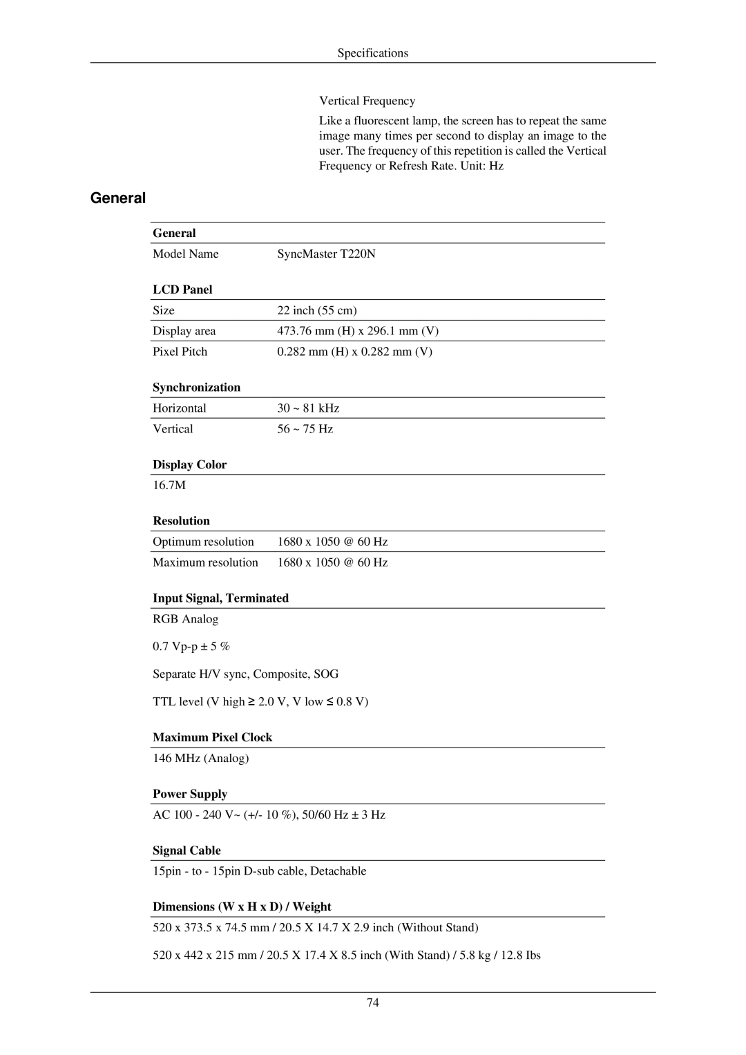 Samsung T200N, T220GN, T200GN, T190N, T190GN user manual Model Name SyncMaster T220N 