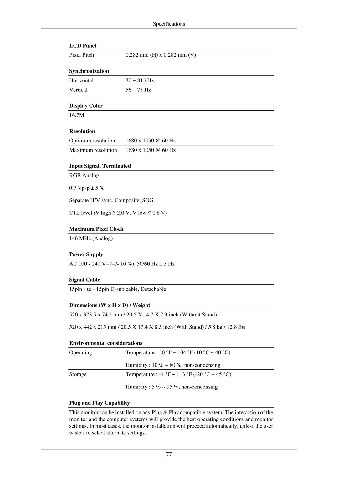 Samsung T200N, T220GN, T200GN, T220N, T190N, T190GN user manual Pixel Pitch Mm H x 0.282 mm 