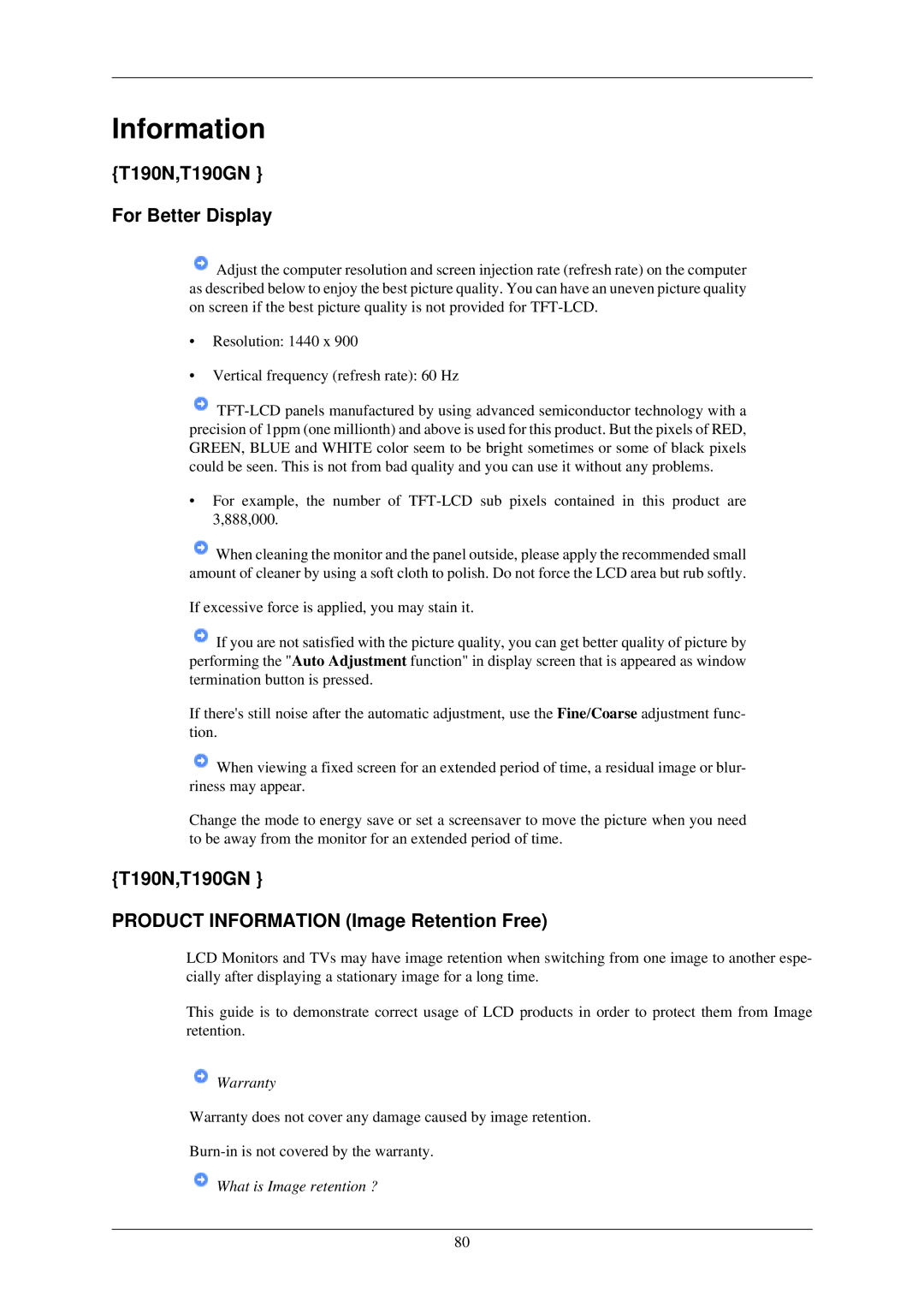 Samsung T220N, T200N, T220GN T190N,T190GN For Better Display, T190N,T190GN Product Information Image Retention Free 