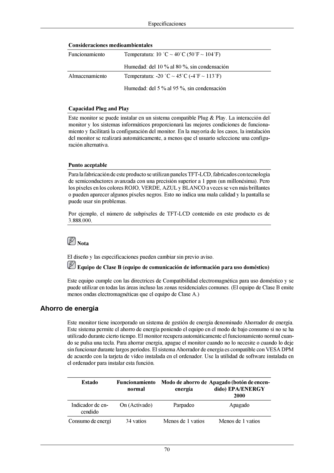 Samsung T220G, T200G, T190G manual Ahorro de energía, Consideraciones medioambientales 