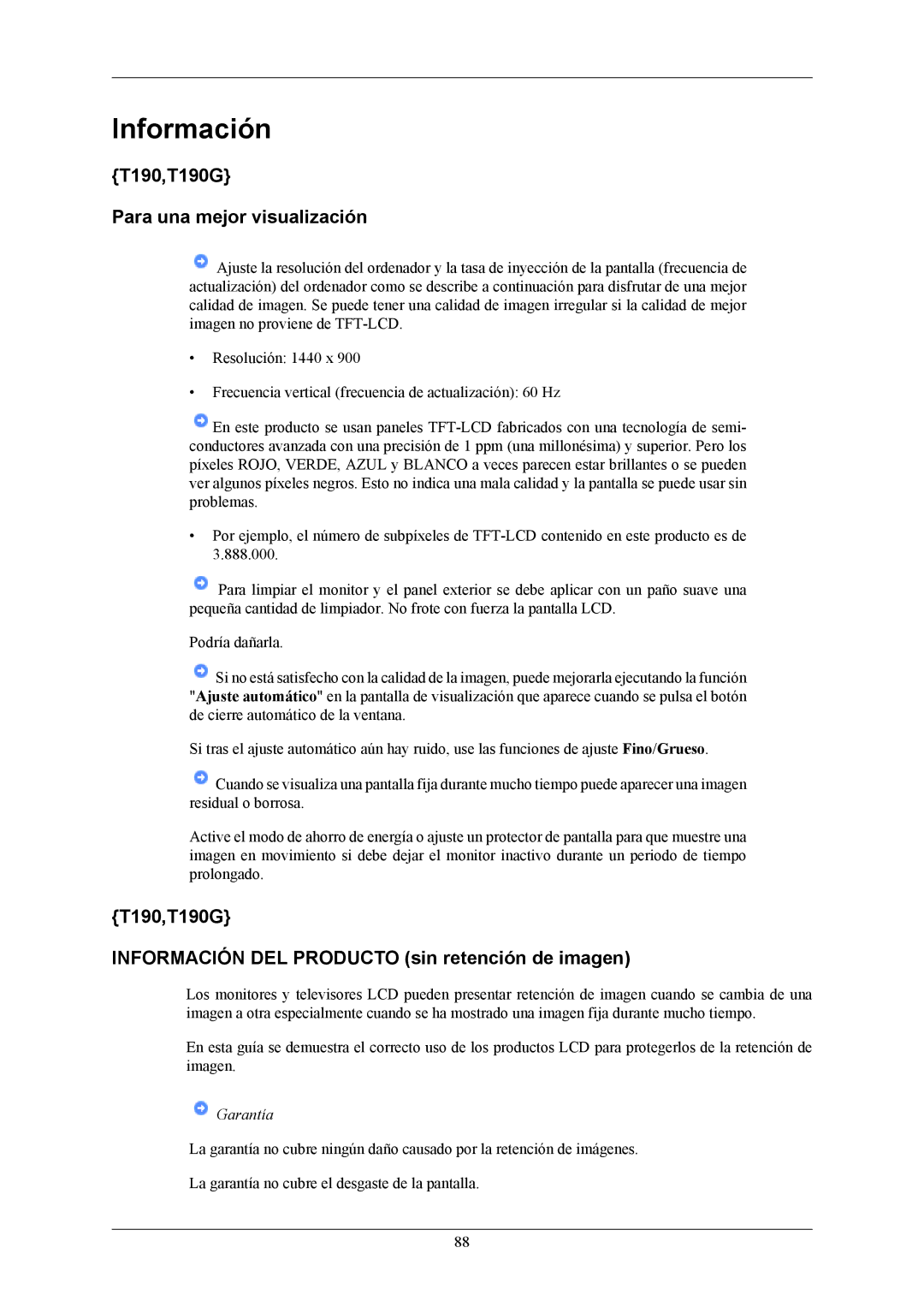 Samsung T220, T200 T190,T190G Para una mejor visualización, T190,T190G Información DEL Producto sin retención de imagen 