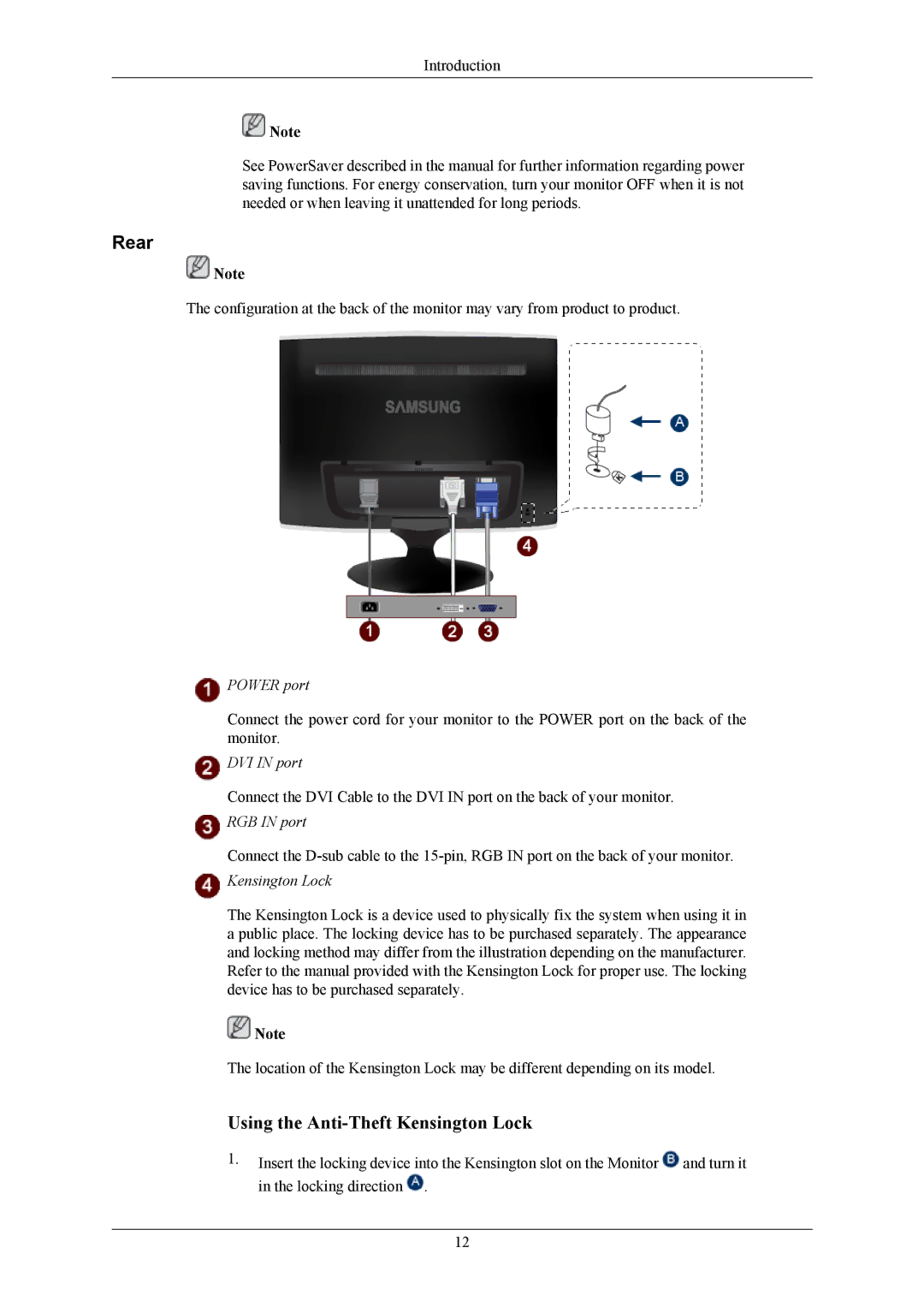 Samsung T220G, T200G, T190G user manual Rear, Kensington Lock 