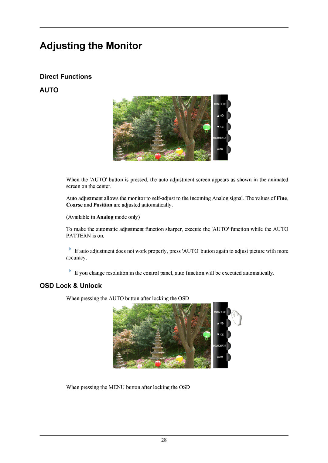 Samsung T220G, T200G, T190G user manual Adjusting the Monitor, Direct Functions, OSD Lock & Unlock 