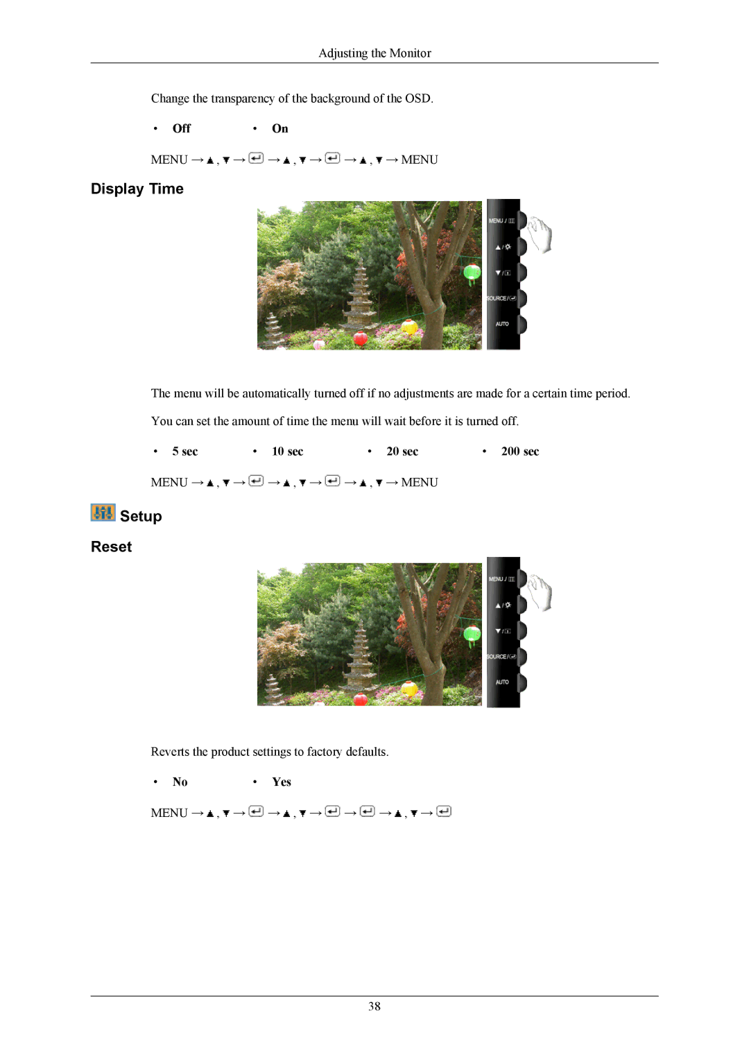 Samsung T220G, T200G, T190G user manual Display Time, Setup Reset 