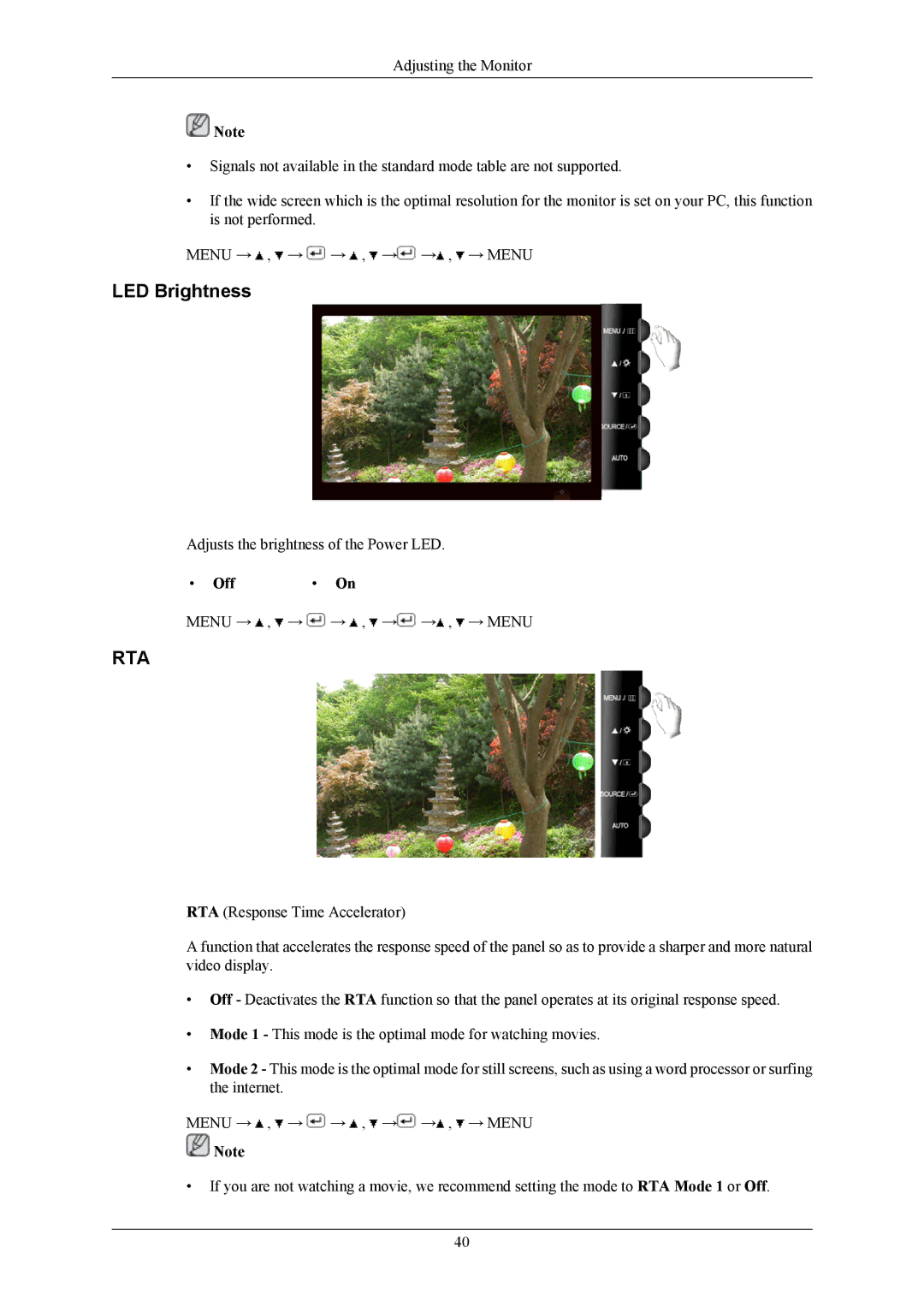 Samsung T220G, T200G, T190G user manual LED Brightness, Rta 