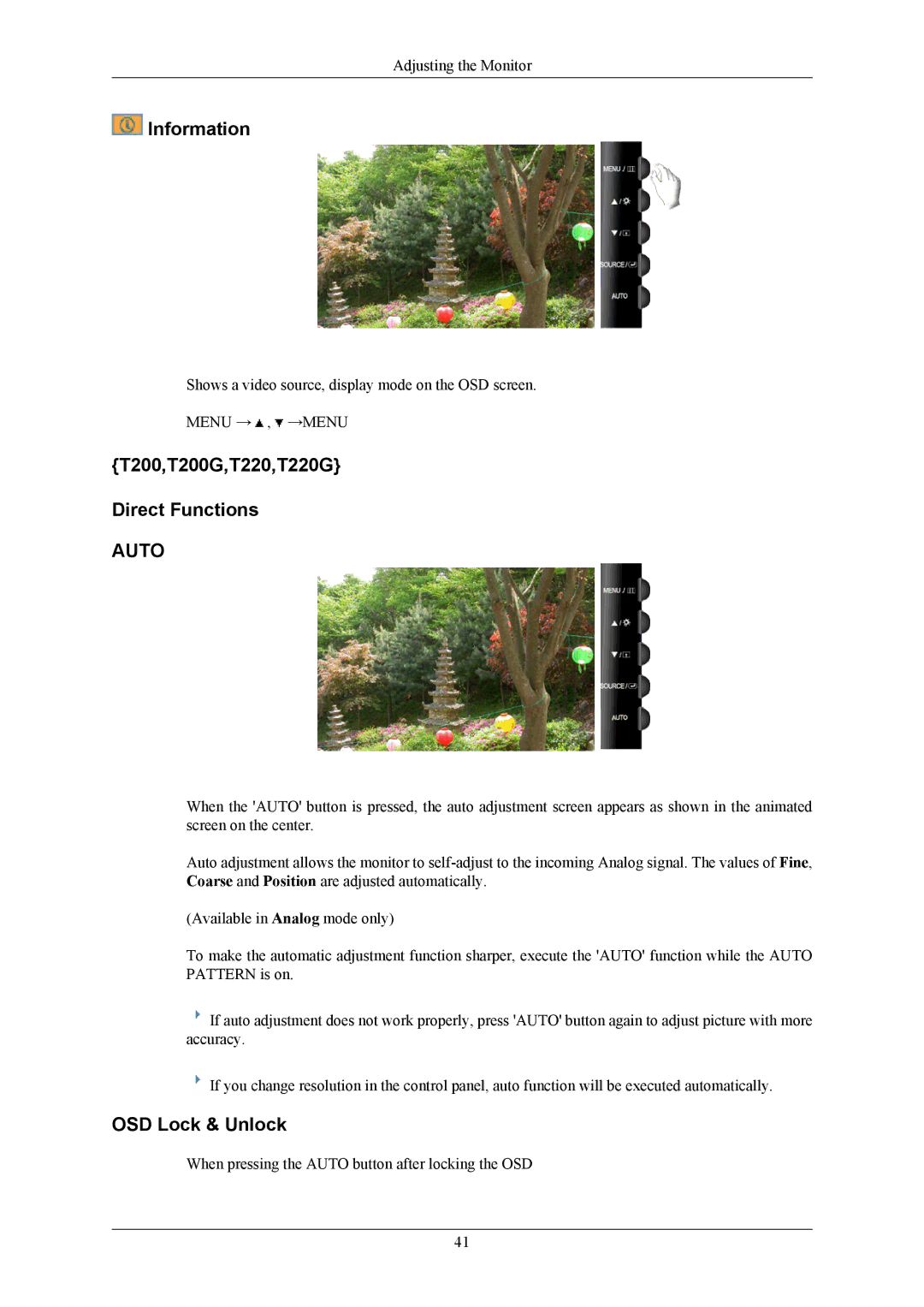 Samsung T190G user manual Information, T200,T200G,T220,T220G Direct Functions 