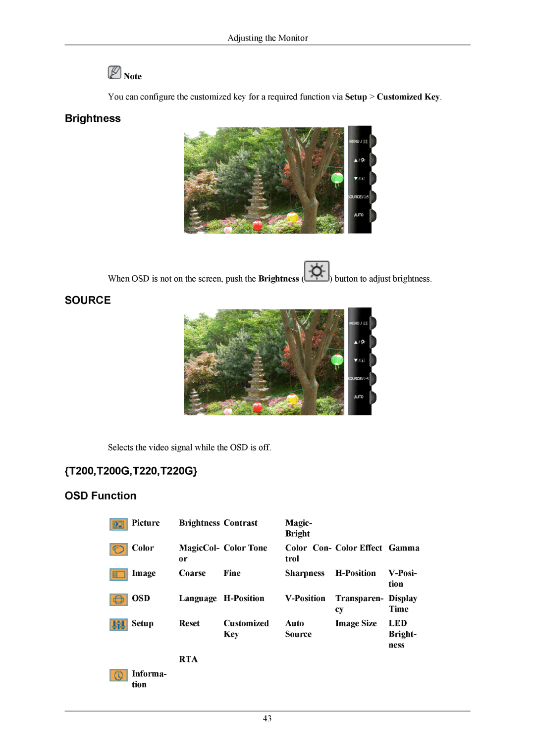 Samsung T190G user manual Brightness, T200,T200G,T220,T220G OSD Function 