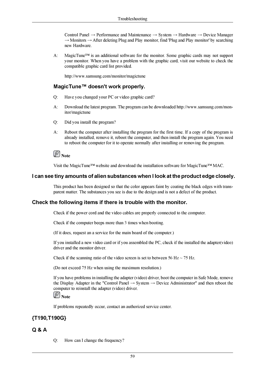 Samsung T220G, T200G user manual MagicTune doesnt work properly, T190,T190G 