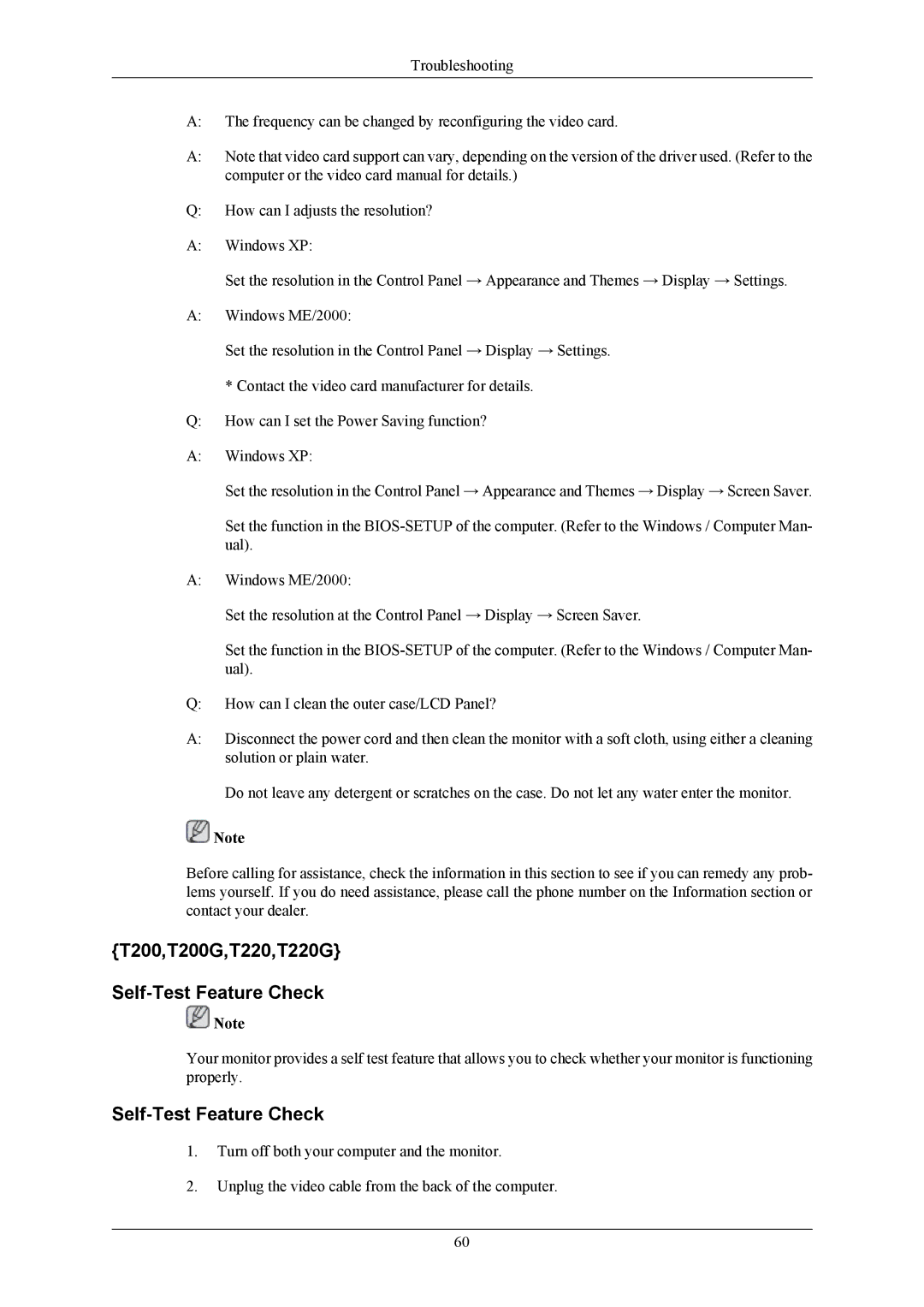 Samsung T190G user manual T200,T200G,T220,T220G Self-Test Feature Check 