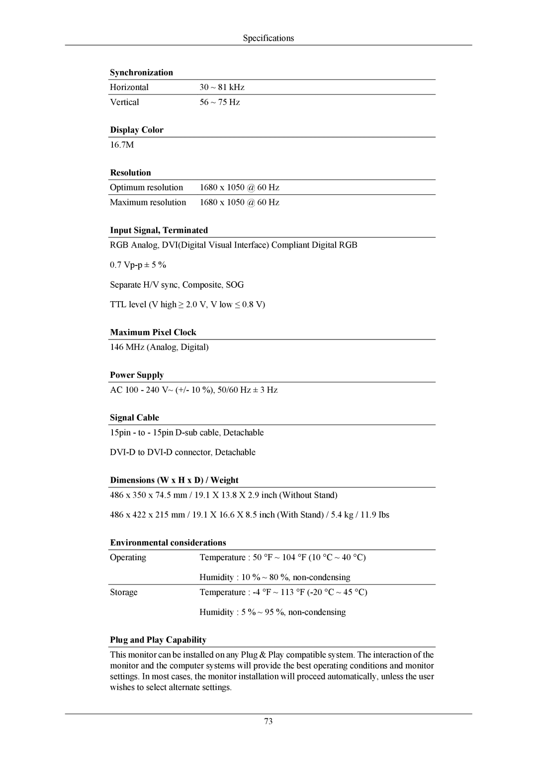 Samsung T200G, T220G, T190G user manual Horizontal ~ 81 kHz Vertical ~ 75 Hz 