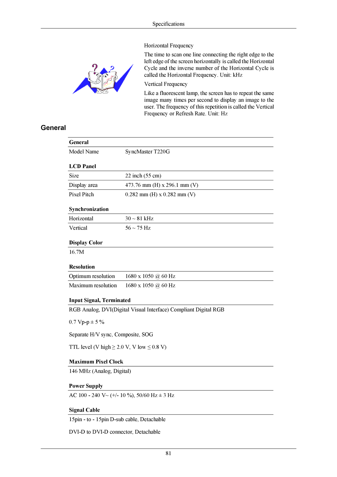 Samsung T190G, T200G user manual Model Name SyncMaster T220G 