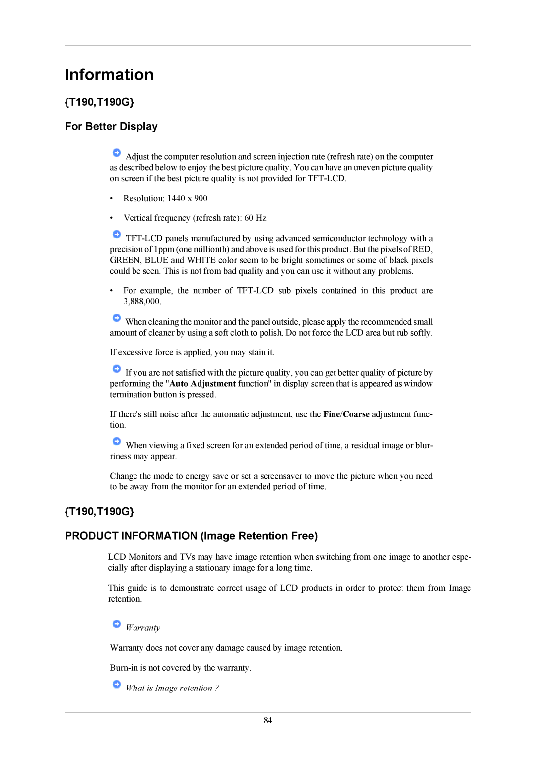 Samsung T220G, T200G user manual T190,T190G For Better Display, T190,T190G Product Information Image Retention Free 