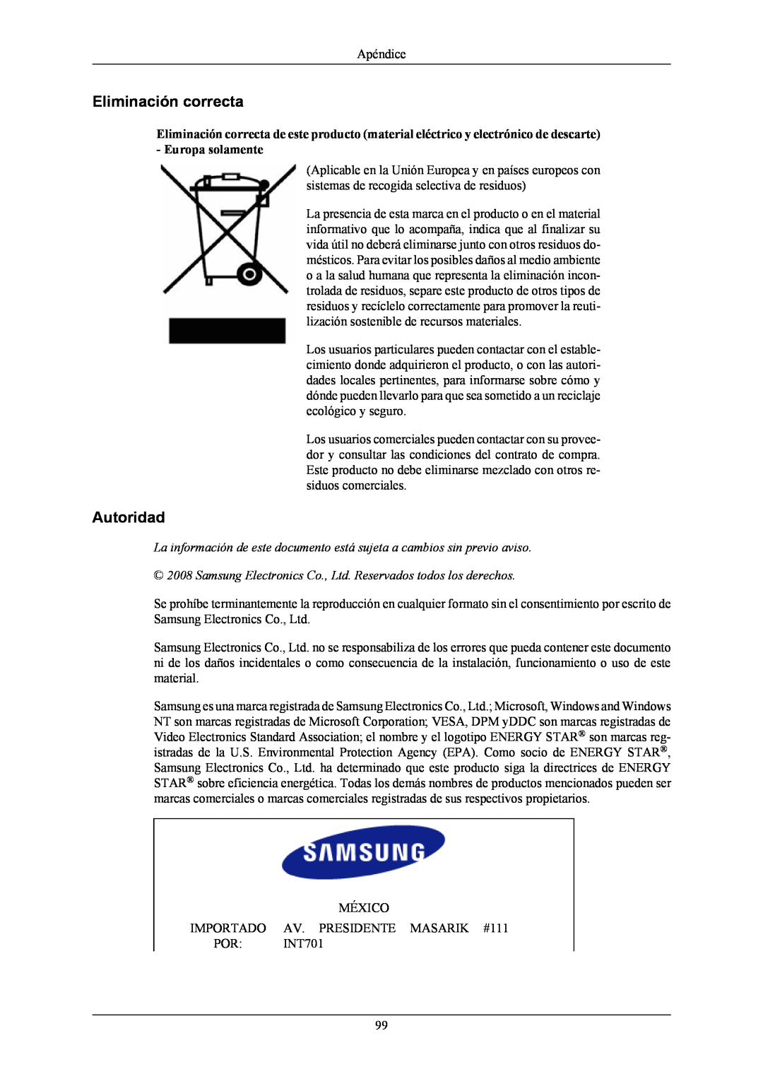 Samsung T190G, T220G, T200G manual Eliminación correcta, Autoridad 