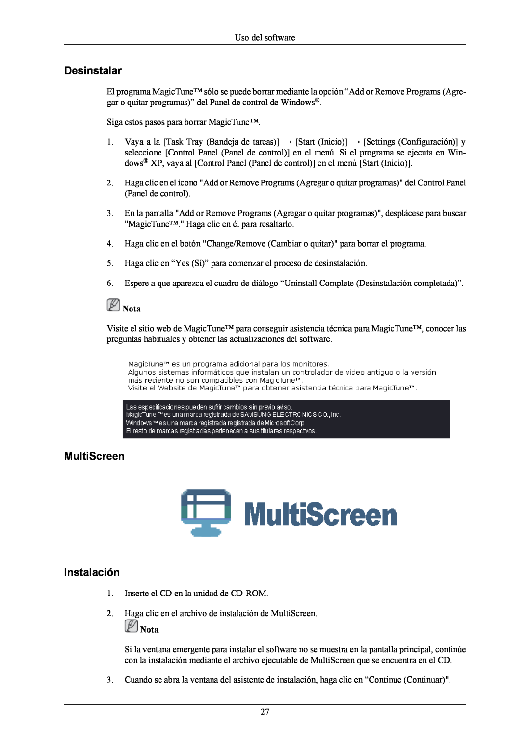 Samsung T190G, T220G, T200G manual Desinstalar, MultiScreen Instalación, Nota 