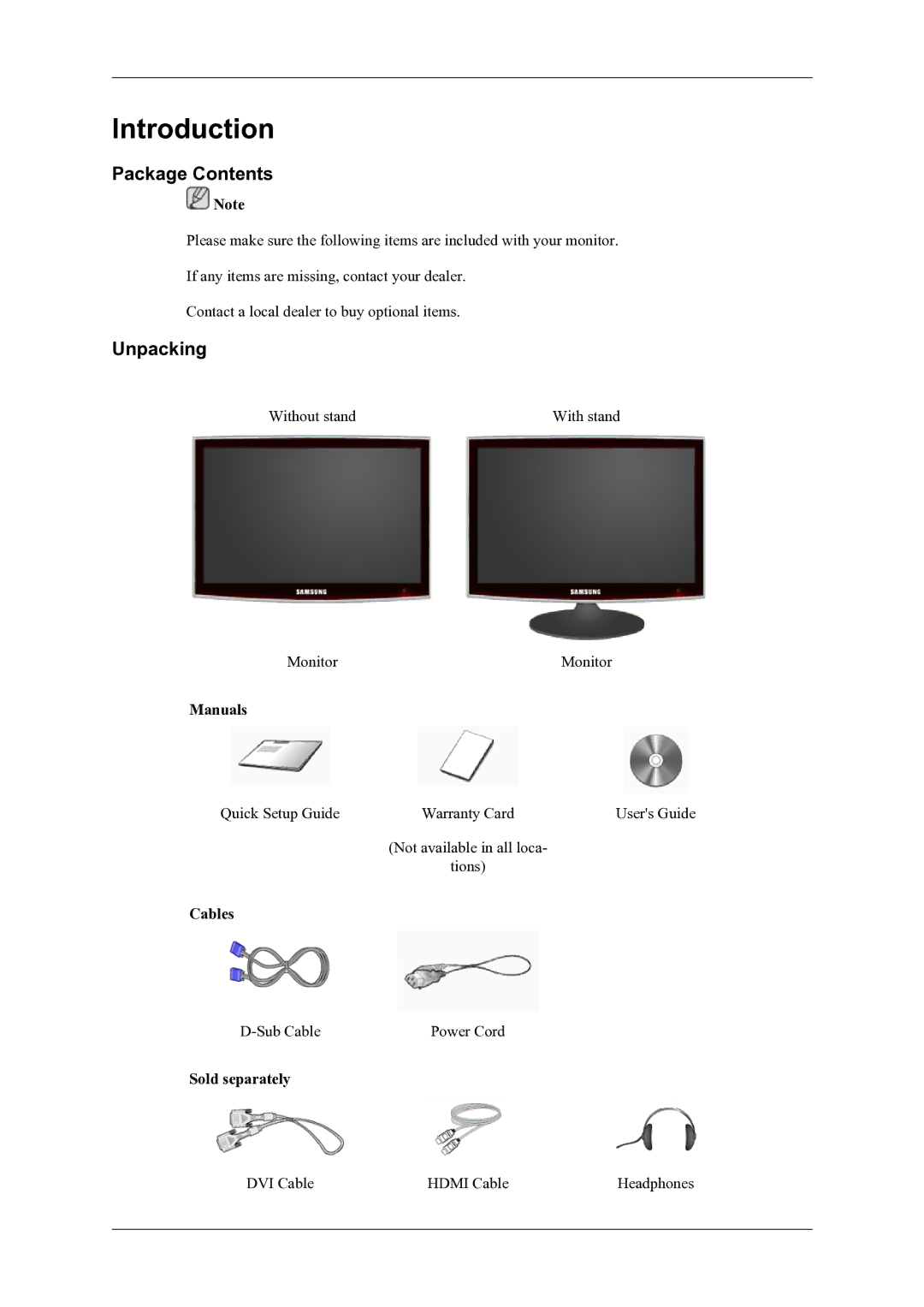 Samsung T240HD, T260HD user manual Introduction, Package Contents, Unpacking 