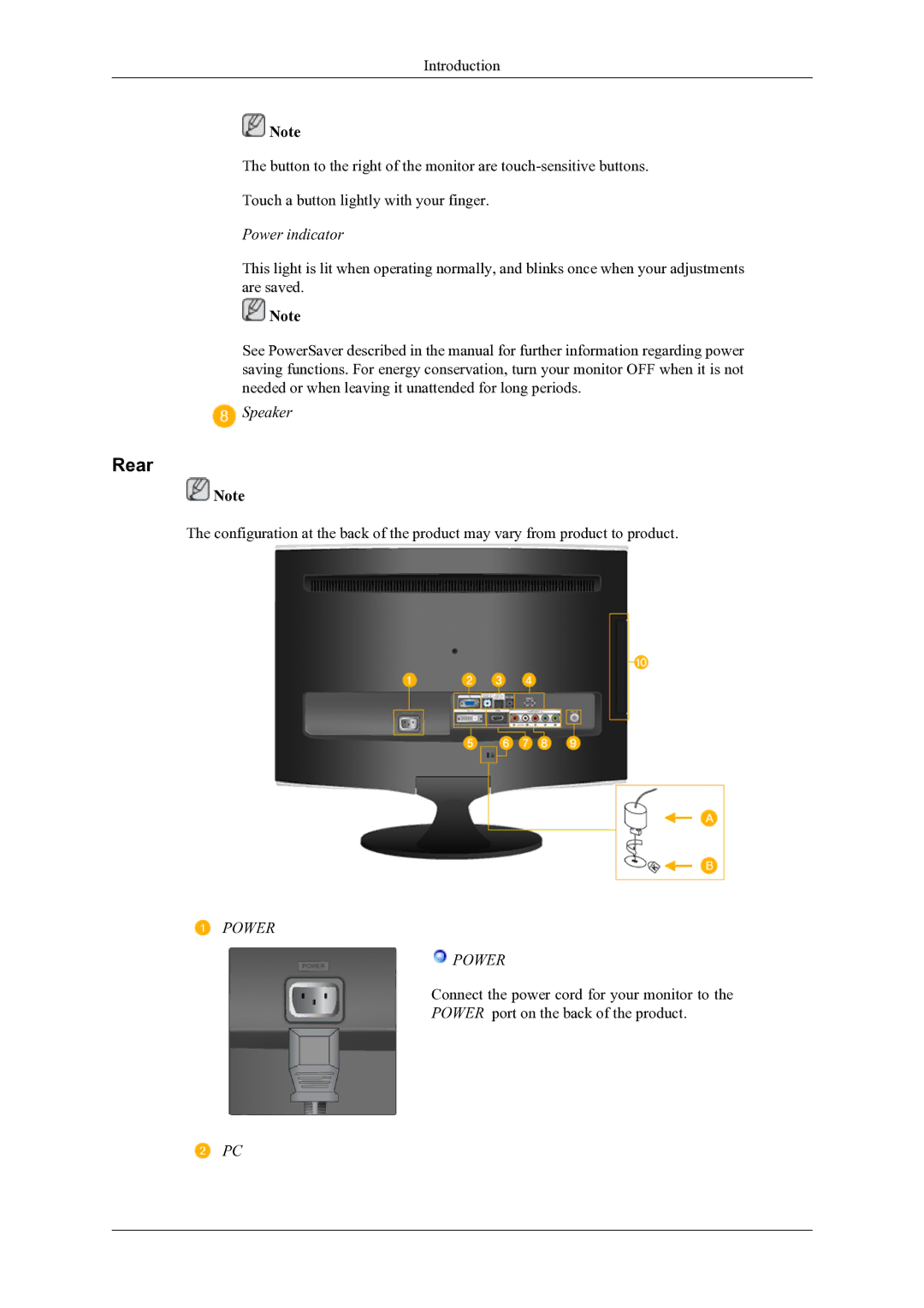 Samsung T260HD, T240HD user manual Rear, Power indicator 