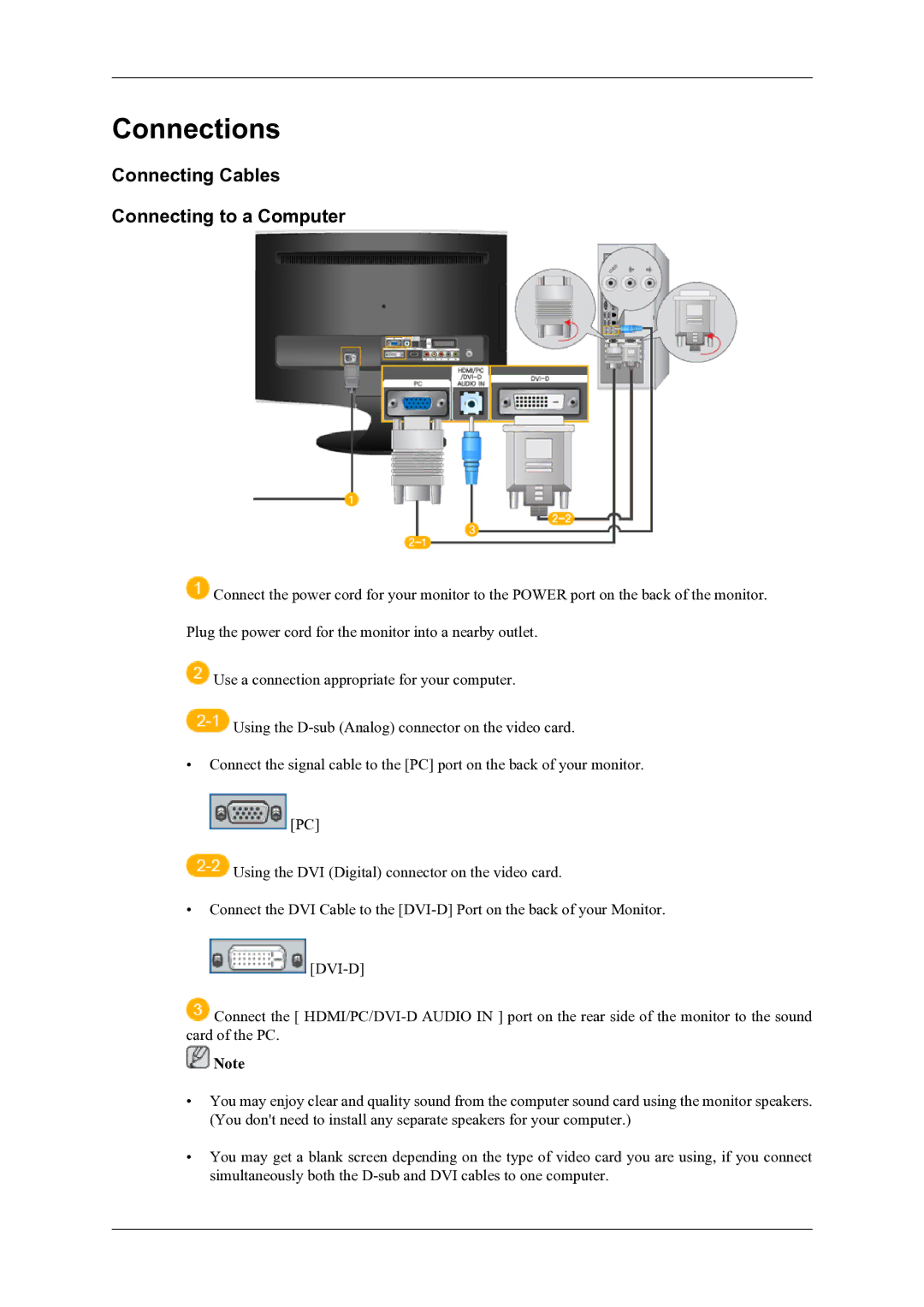 Samsung T260HD, T240HD user manual Connections, Connecting Cables Connecting to a Computer 