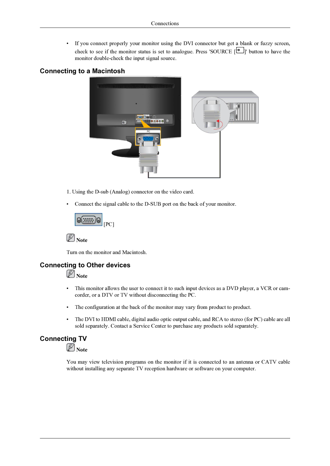 Samsung T240HD, T260HD user manual Connecting to a Macintosh, Connecting to Other devices, Connecting TV 