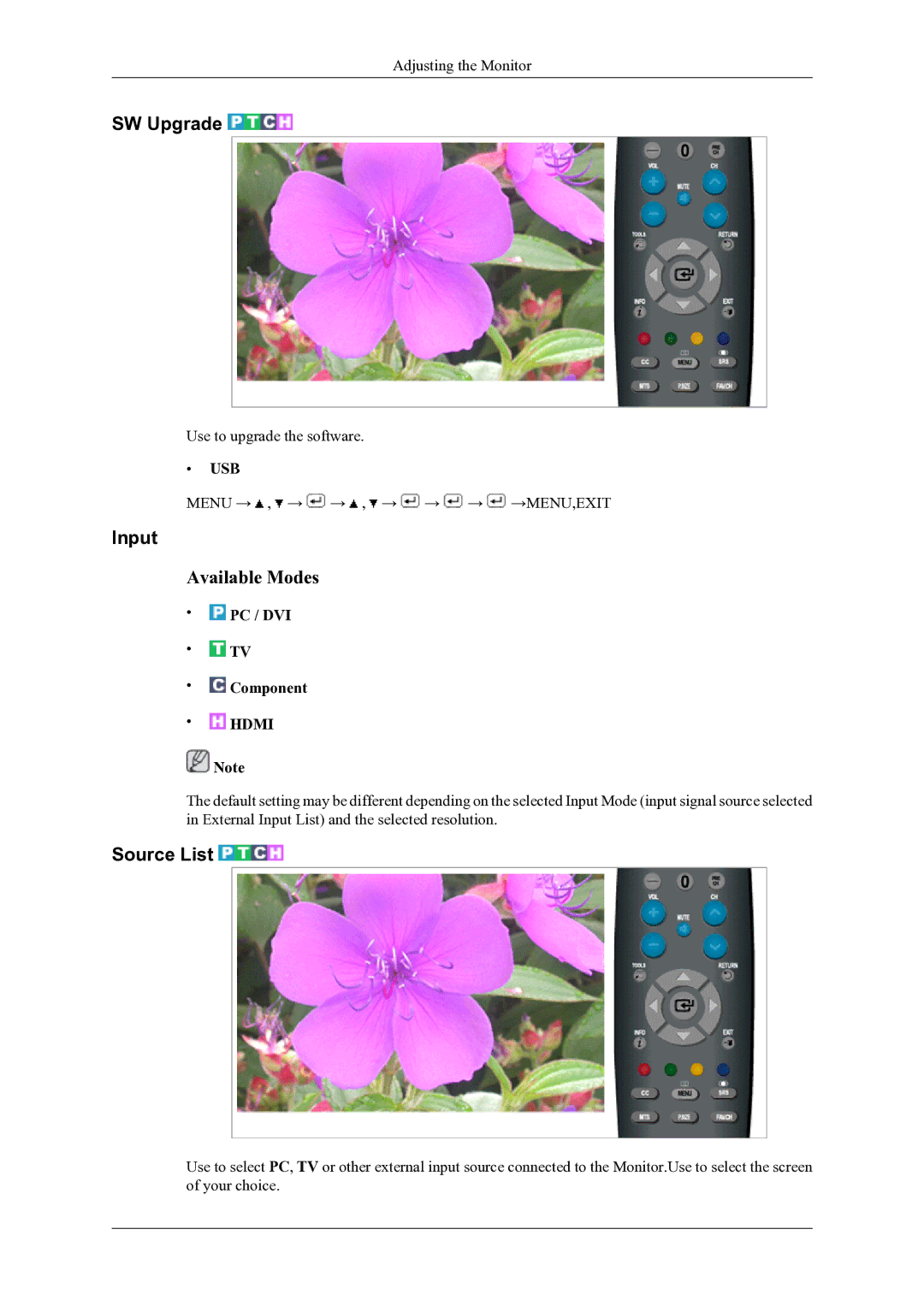 Samsung T240HD, T260HD user manual SW Upgrade, Input, Source List 