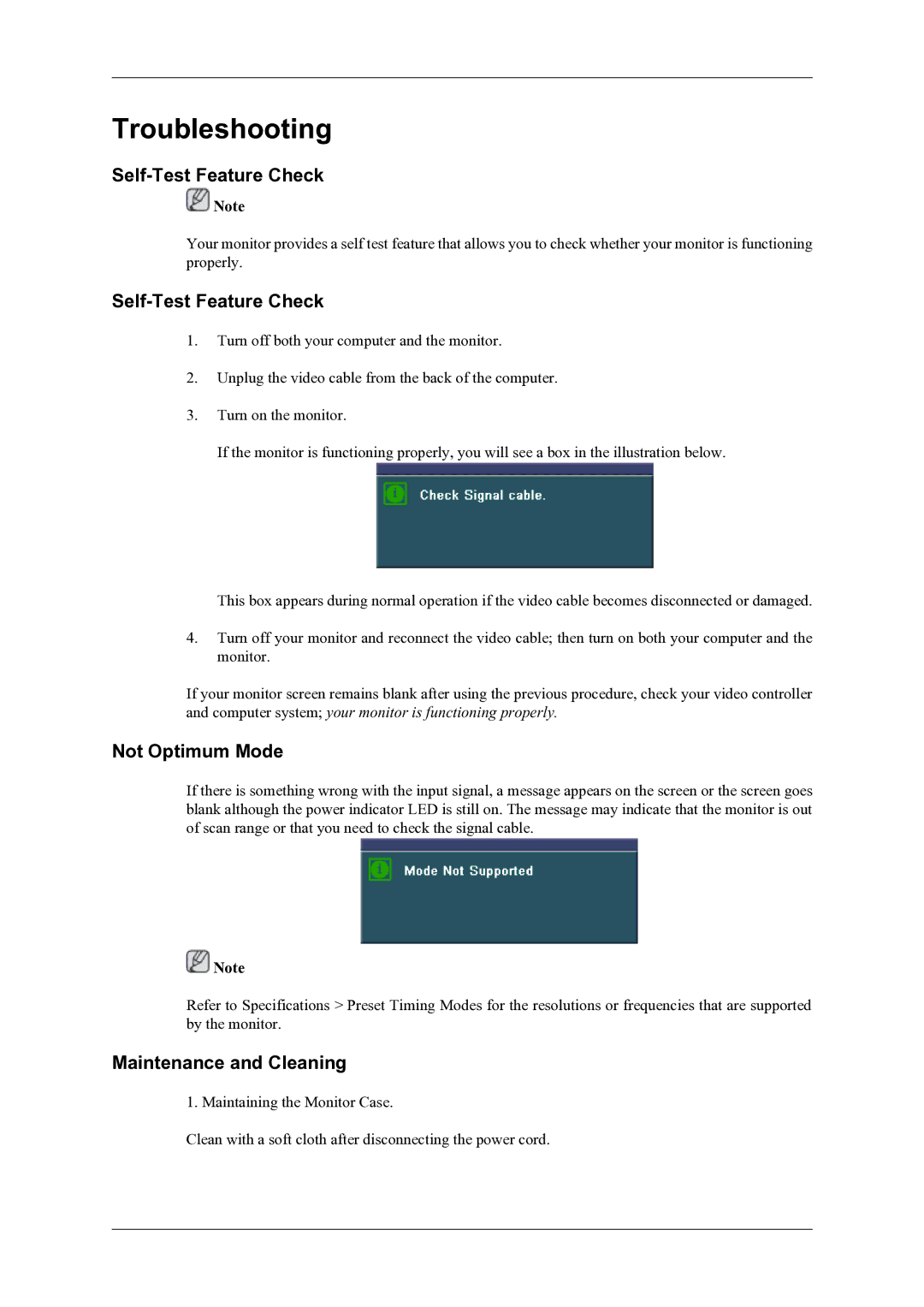 Samsung T240HD, T260HD user manual Troubleshooting, Self-Test Feature Check, Not Optimum Mode, Maintenance and Cleaning 