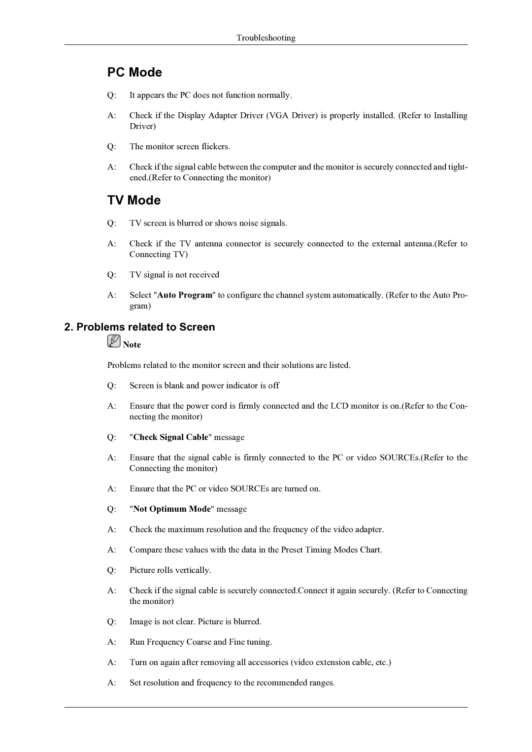 Samsung T240HD, T260HD user manual Problems related to Screen, Check Signal Cable message, Not Optimum Mode message 