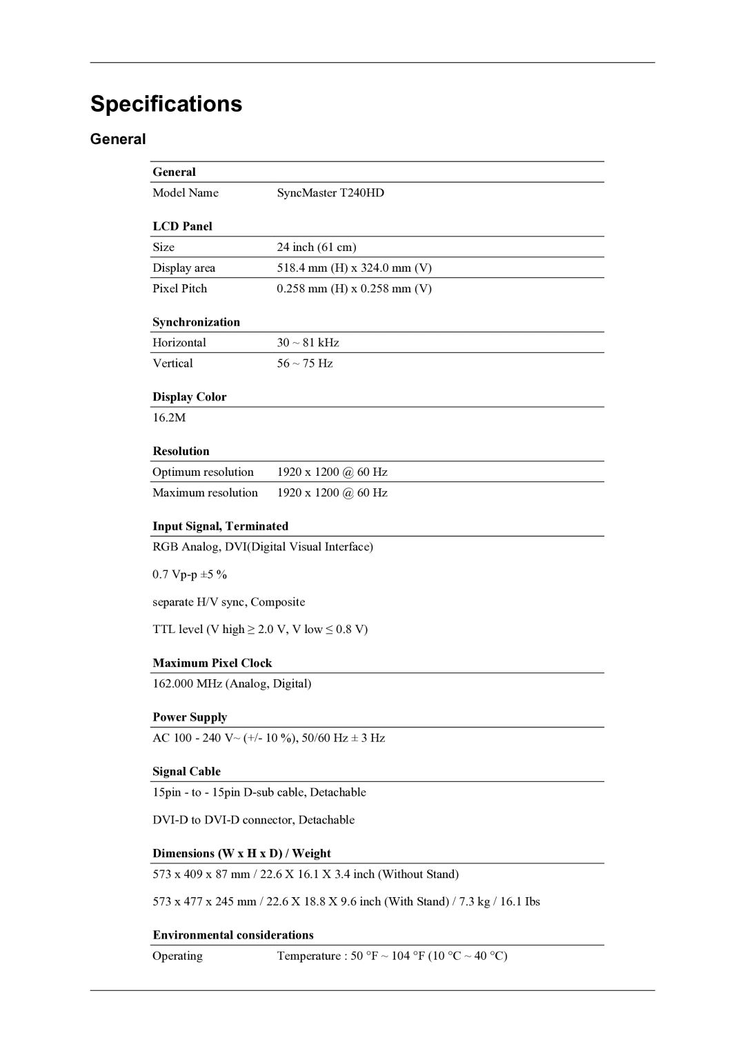 Samsung T260HD, T240HD user manual Specifications, General 