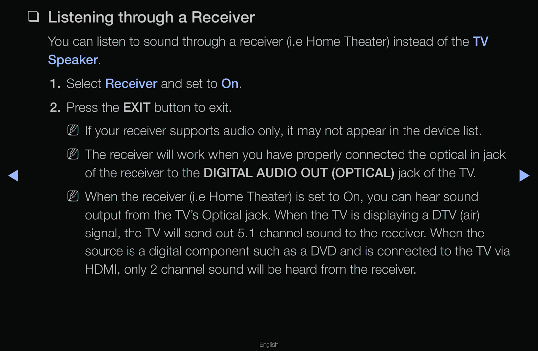 Samsung T24A350 manual Listening through a Receiver 