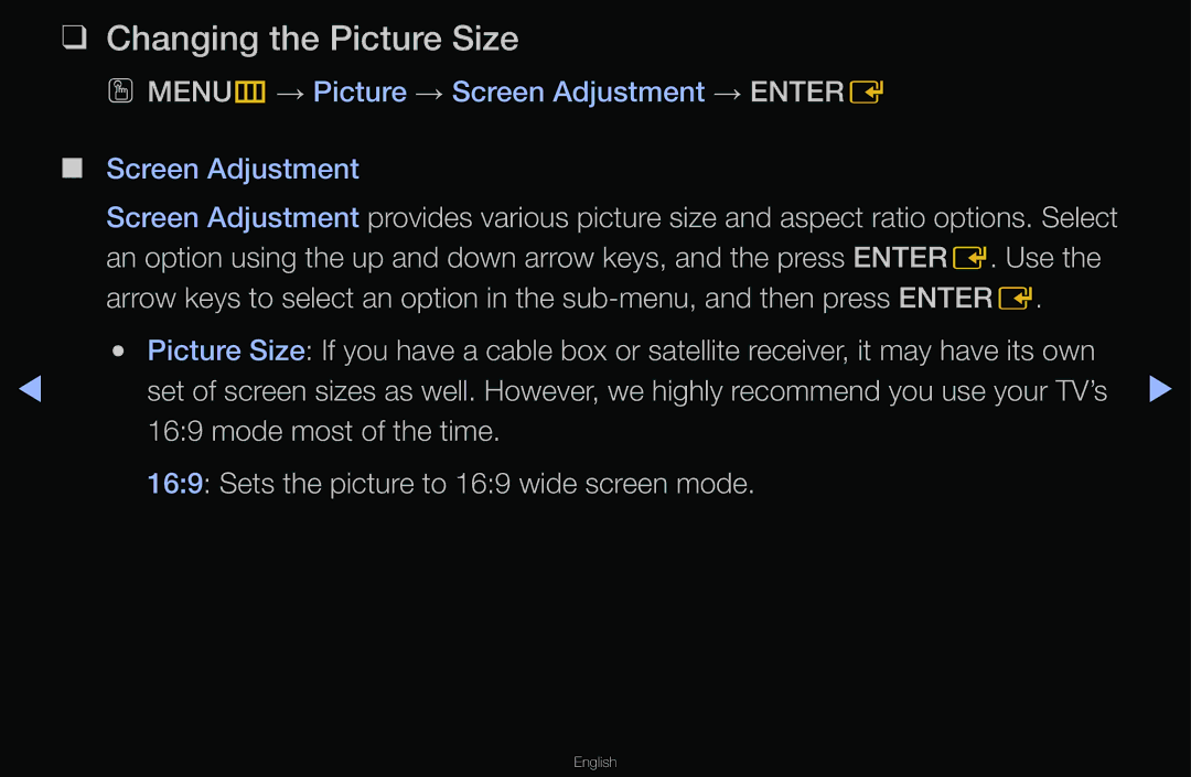 Samsung T24A350 manual Changing the Picture Size, OO MENUm→ Picture → Screen Adjustment → Entere 