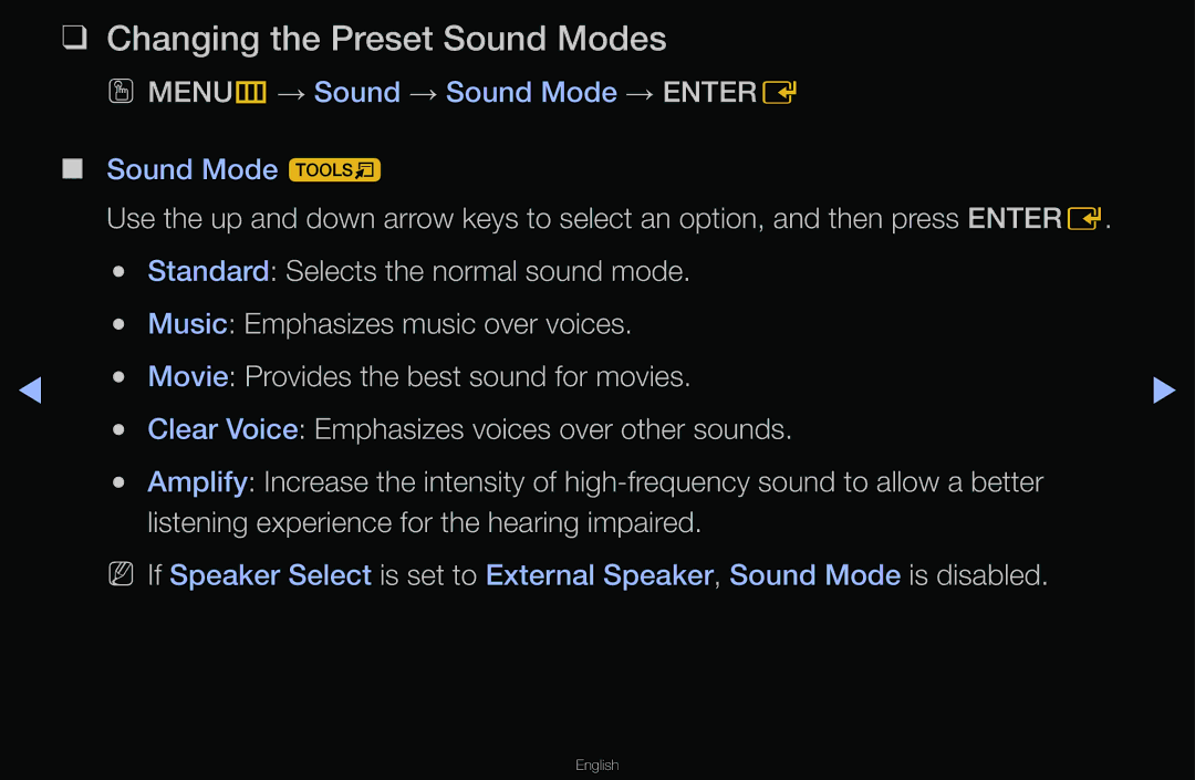 Samsung T24A350 manual Changing the Preset Sound Modes 