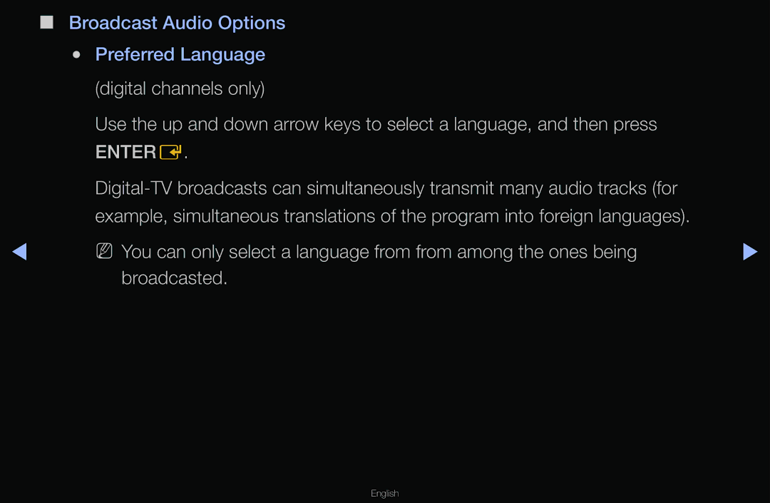 Samsung T24A350 manual Broadcast Audio Options Preferred Language 