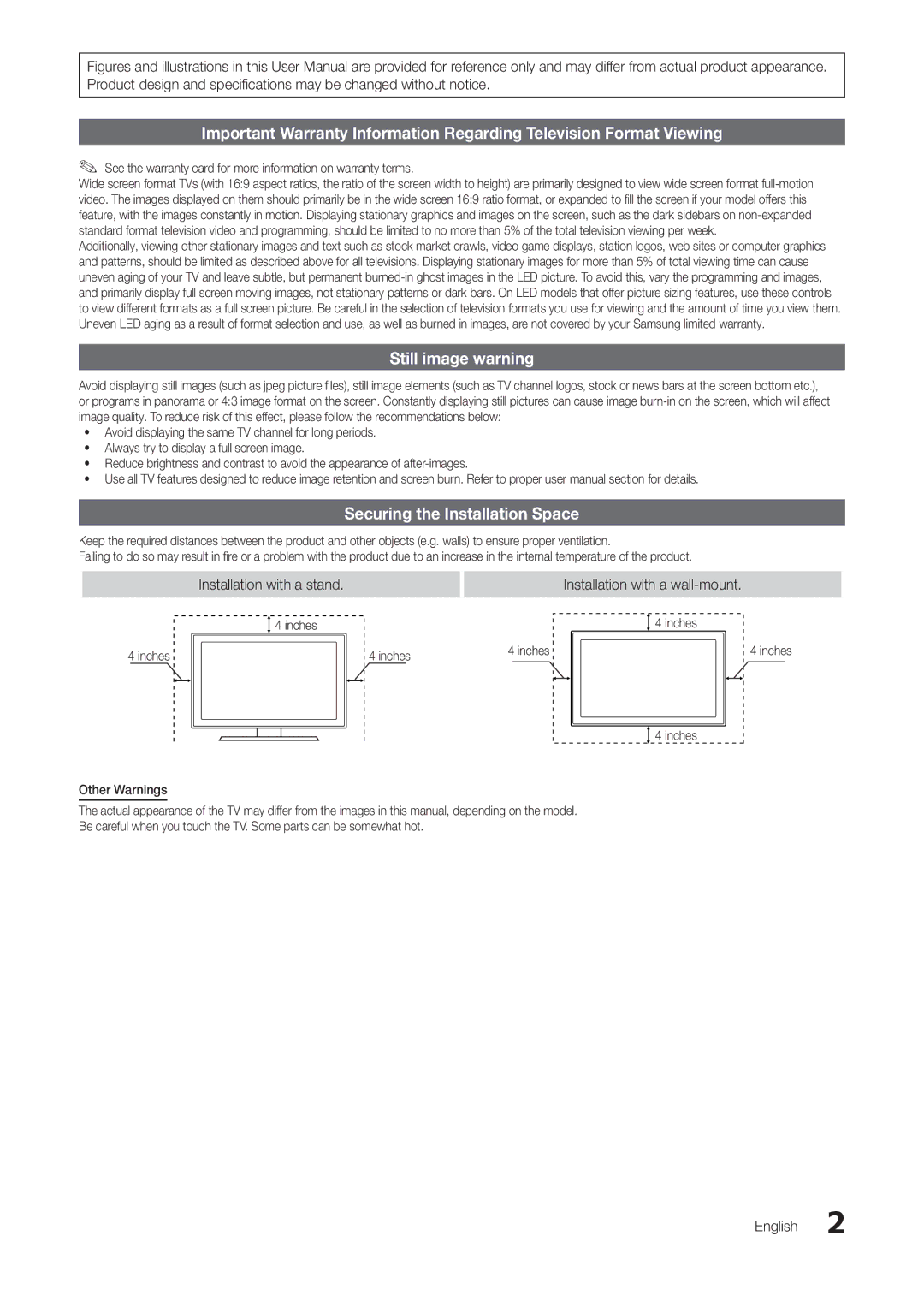 Samsung T24C550ND user manual Still image warning, Securing the Installation Space, Installation with a stand, English 