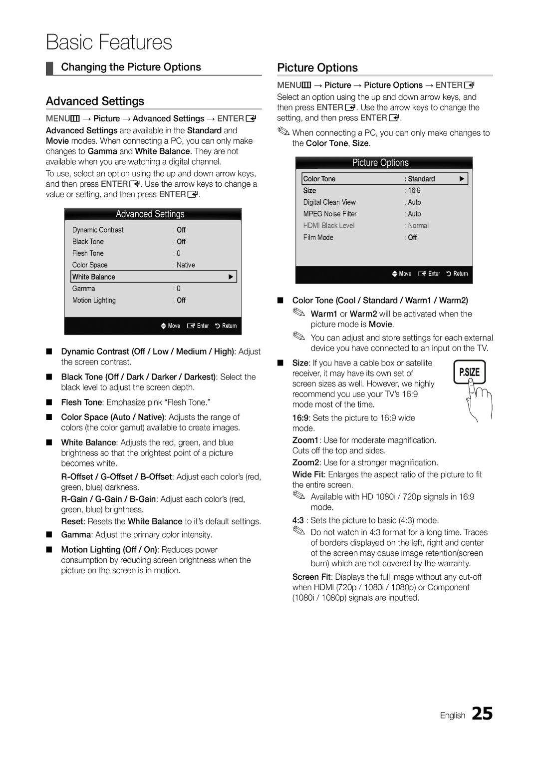 Samsung T24C550ND user manual Advanced Settings, Changing the Picture Options 