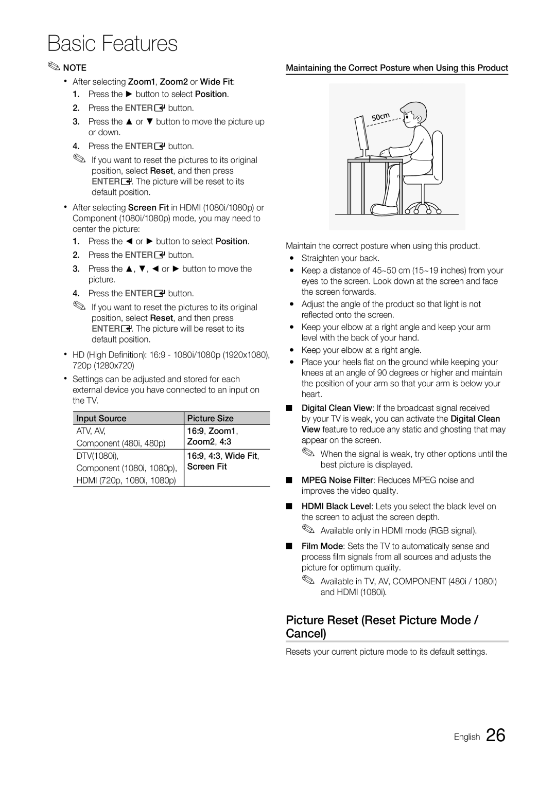 Samsung T24C550ND user manual Picture Reset Reset Picture Mode / Cancel, 169, Zoom1, Screen Fit, Component 1080i, 1080p 