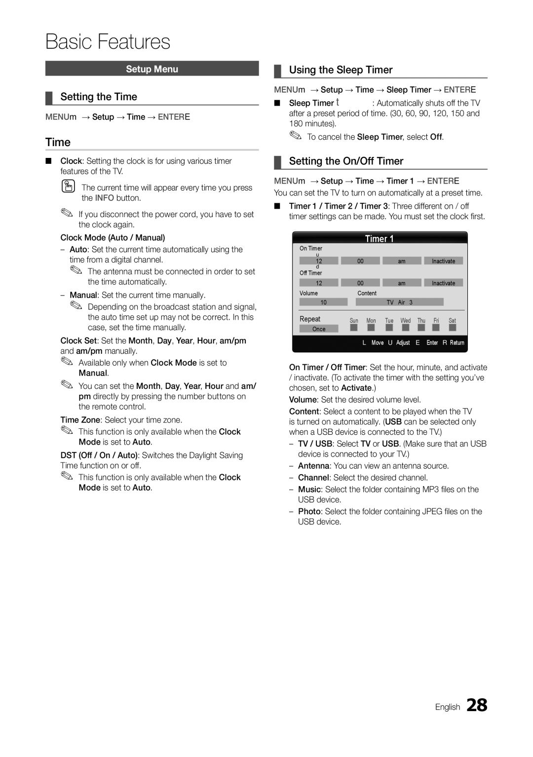 Samsung T24C550ND user manual Setting the Time, Using the Sleep Timer, Setting the On/Off Timer 