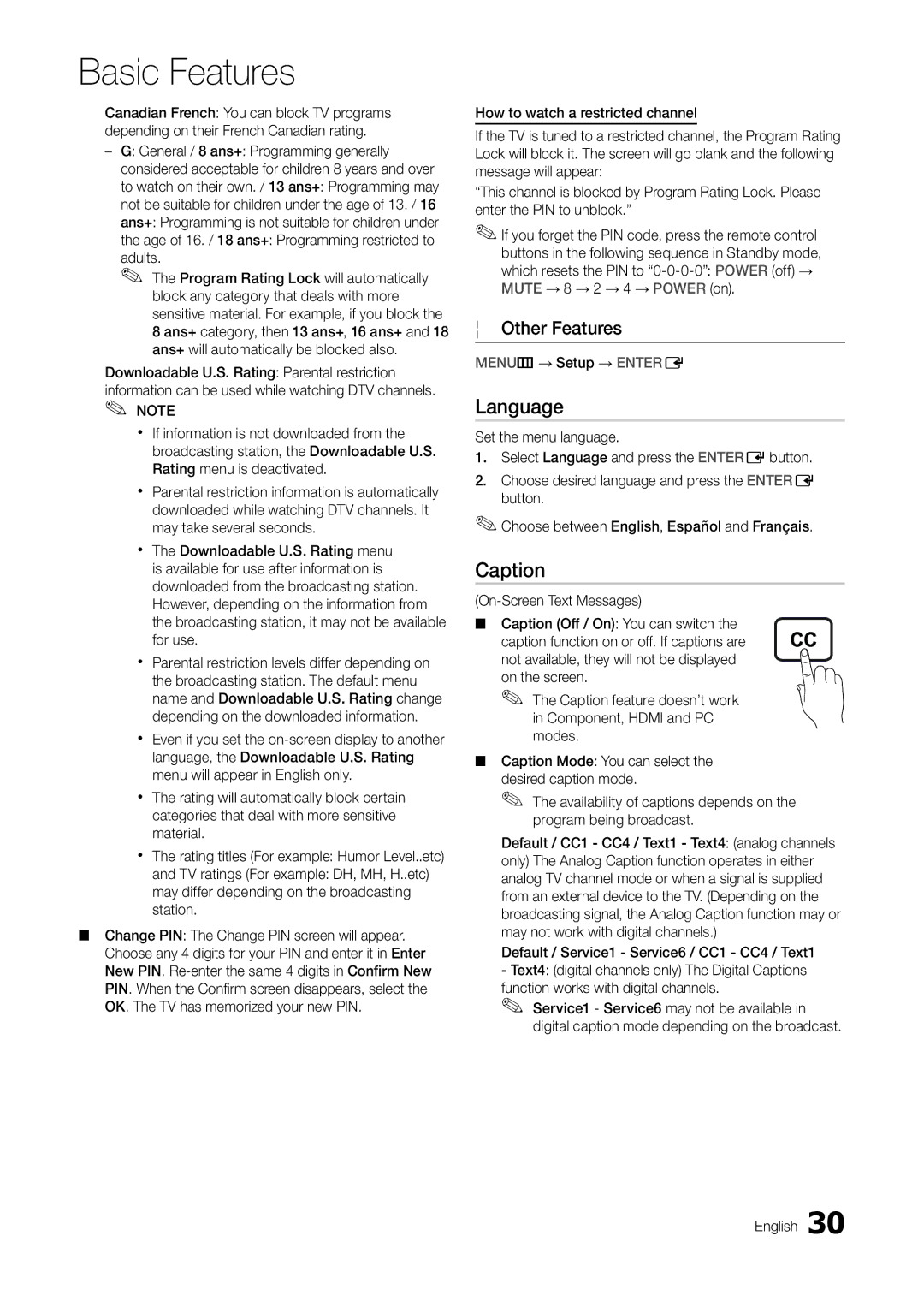 Samsung T24C550ND user manual Language, Caption, Adults, MENUm→ Setup → Entere 