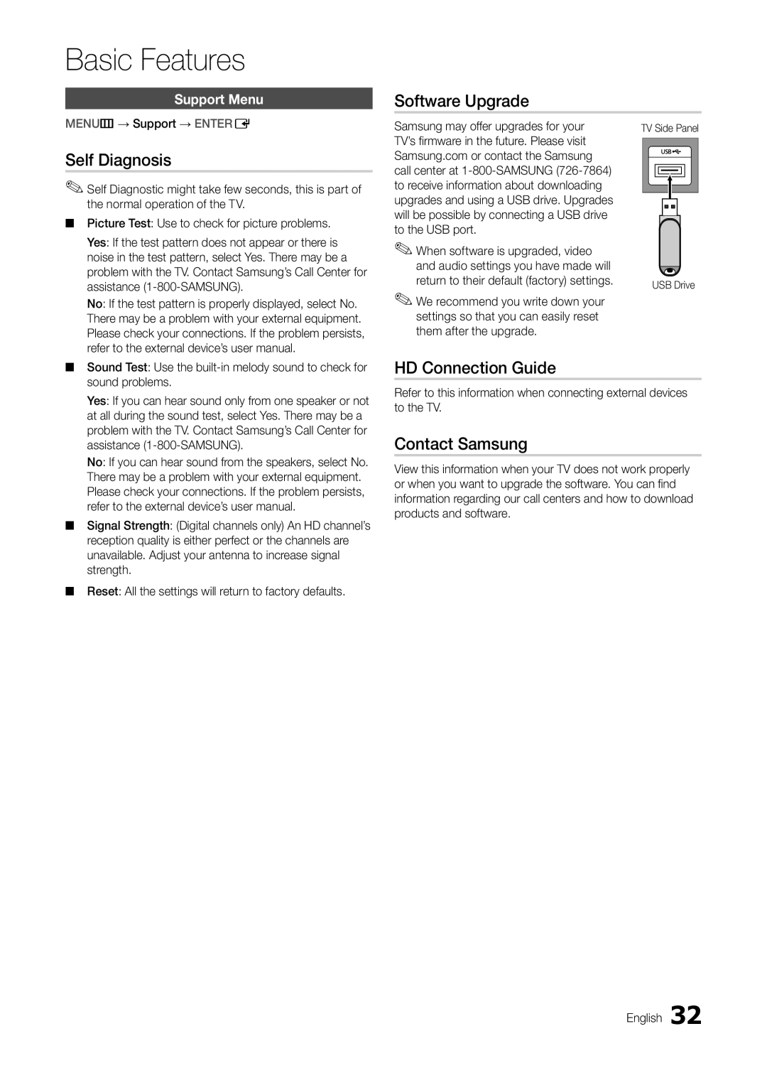 Samsung T24C550ND user manual Software Upgrade, Self Diagnosis, HD Connection Guide, Contact Samsung, Support Menu 