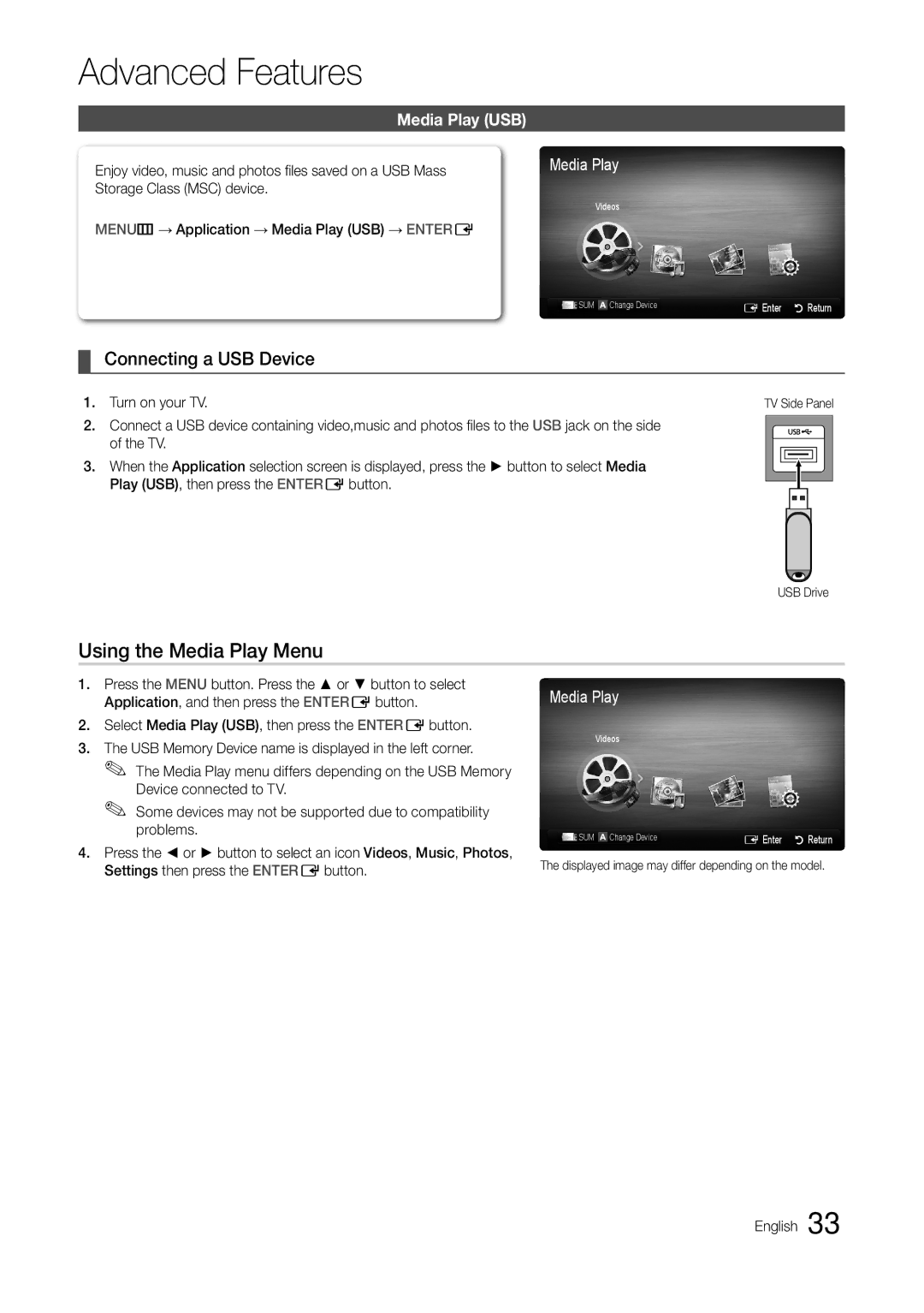 Samsung T24C550ND Advanced Features, Using the Media Play Menu, Connecting a USB Device, Media Play USB, Turn on your TV 