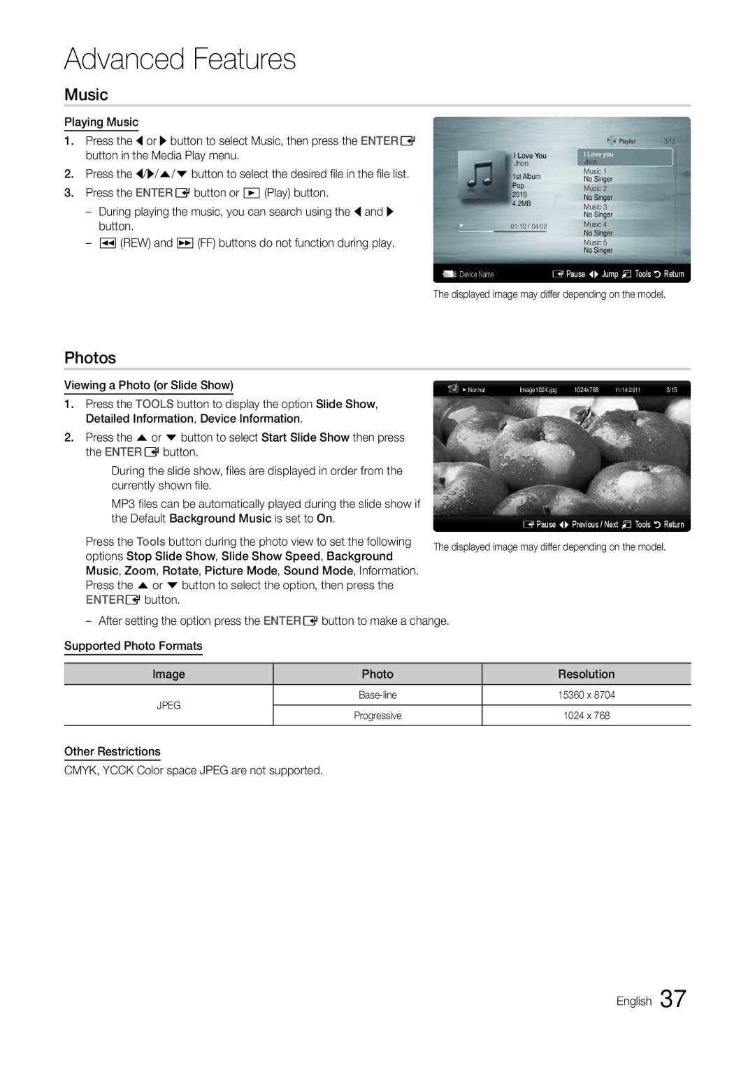 Samsung T24C550ND user manual Music, Photos 