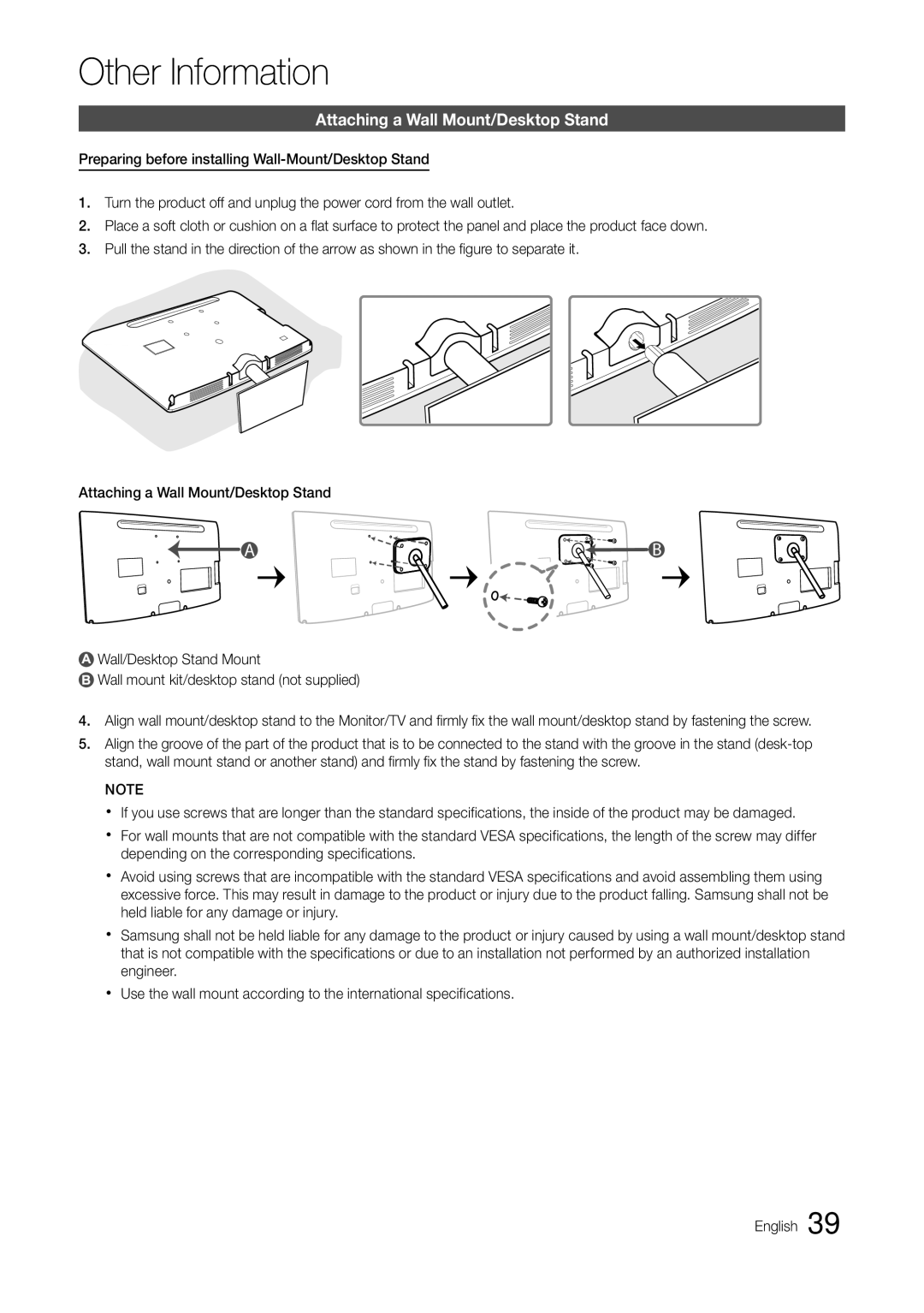 Samsung T24C550ND user manual Other Information, Attaching a Wall Mount/Desktop Stand 