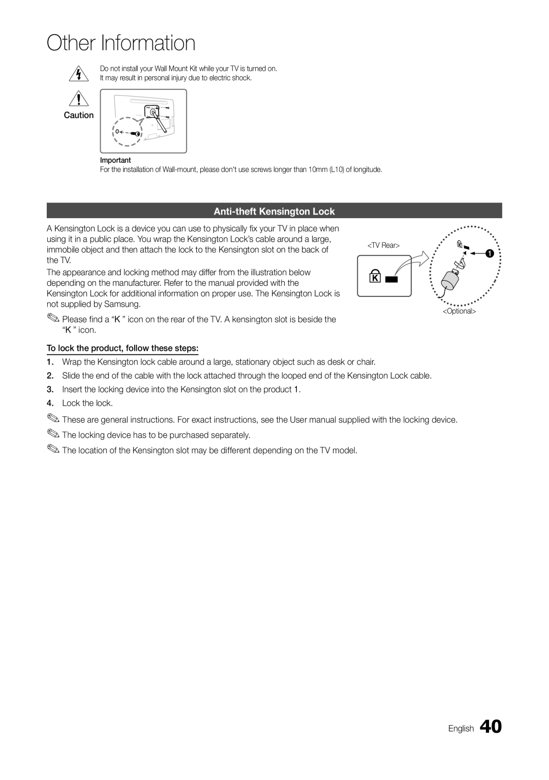 Samsung T24C550ND user manual Anti-theft Kensington Lock, Optional 