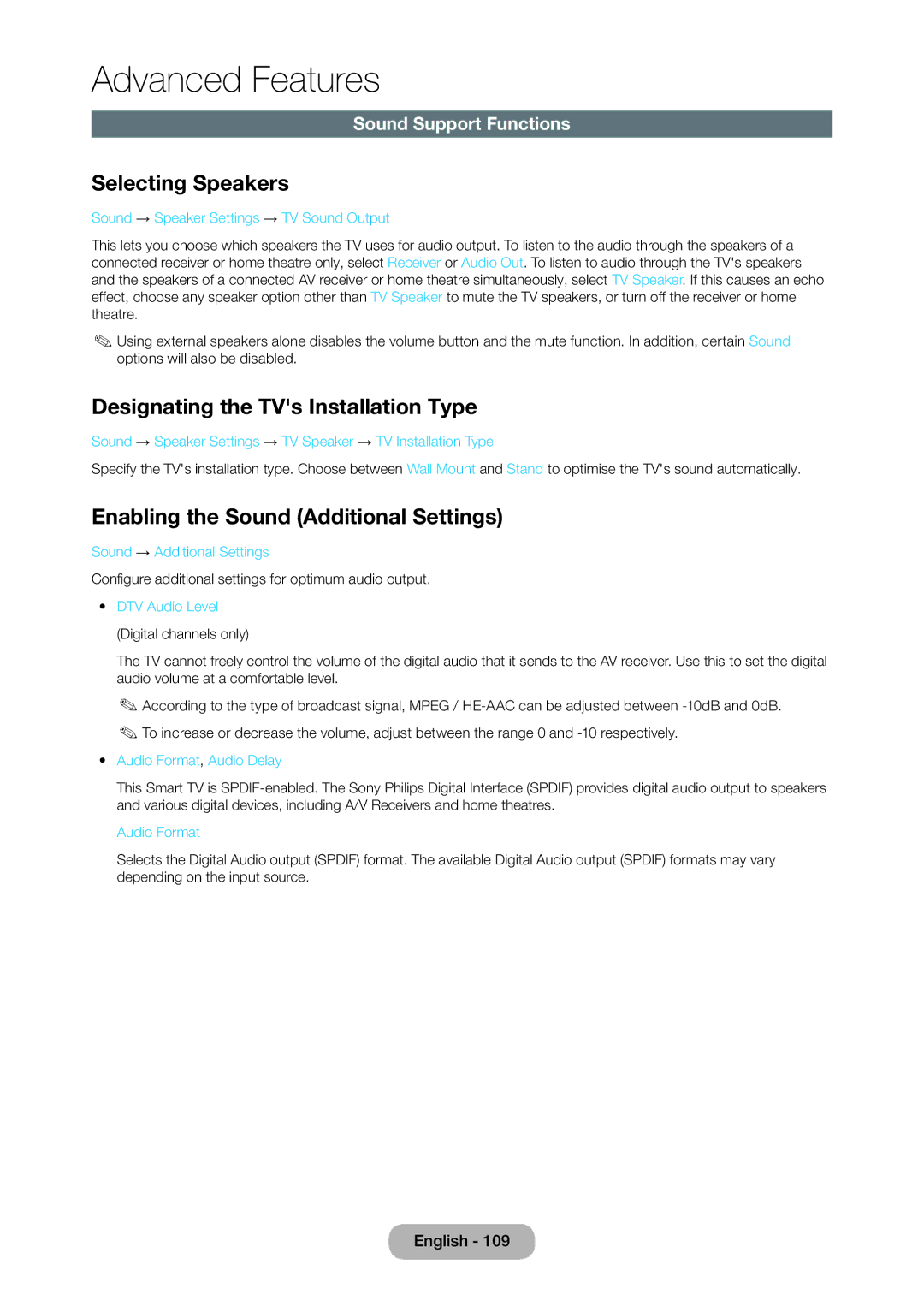 Samsung TD390S Selecting Speakers, Designating the TVs Installation Type, Enabling the Sound Additional Settings 