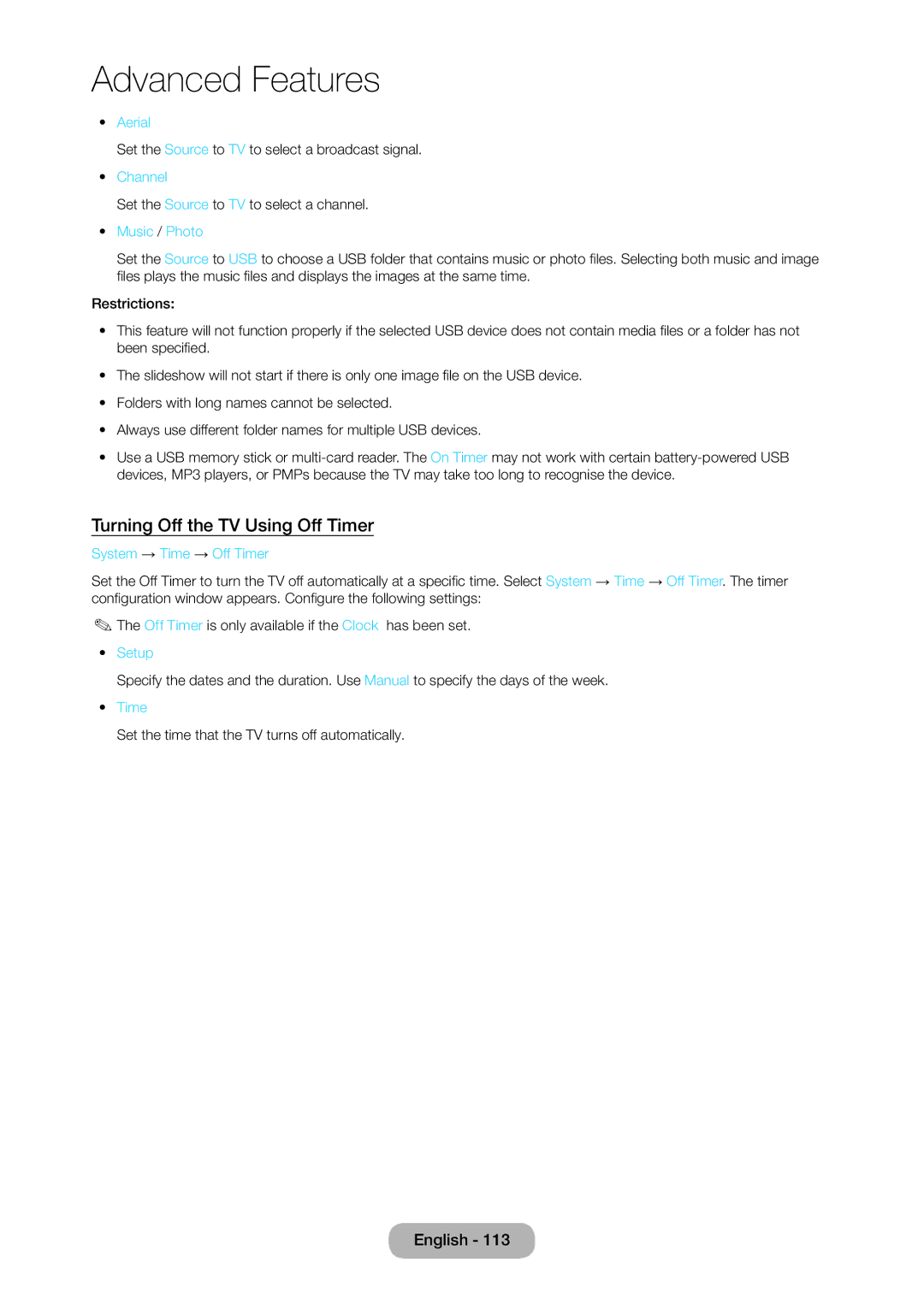 Samsung T27D390SW, T24D390SW, TD390S user manual Turning Off the TV Using Off Timer, Music / Photo, System → Time → Off Timer 