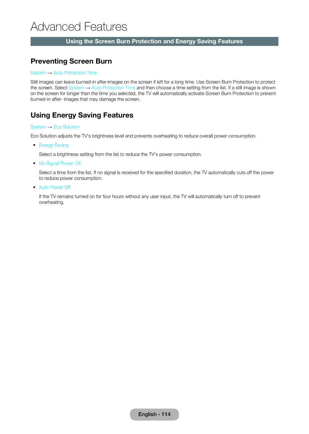 Samsung T24D390SW, TD390S, T27D390SW user manual Preventing Screen Burn, Using Energy Saving Features 